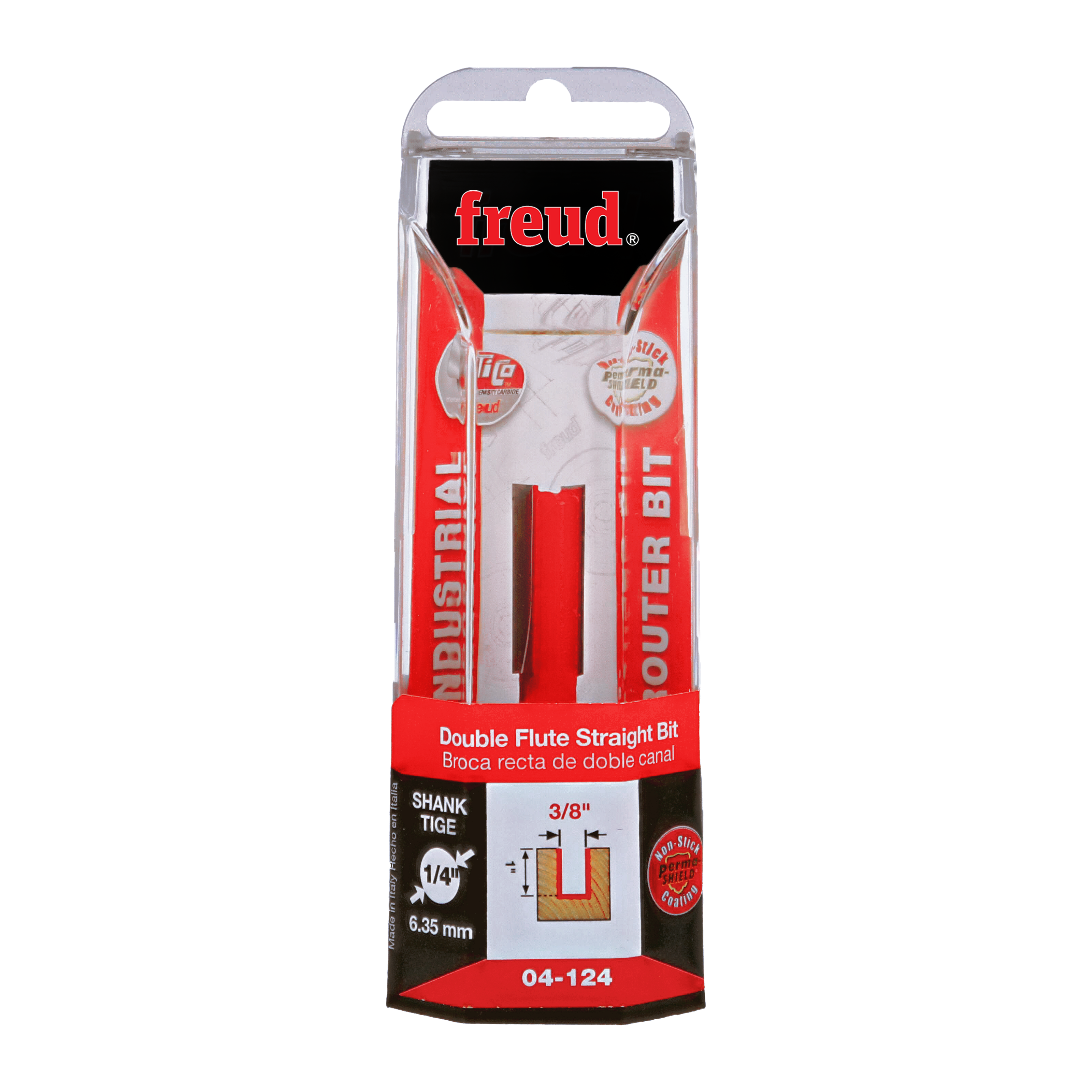Red router bit with 3/8" diameter and double flute cutting edges in clear plastic blister packaging.