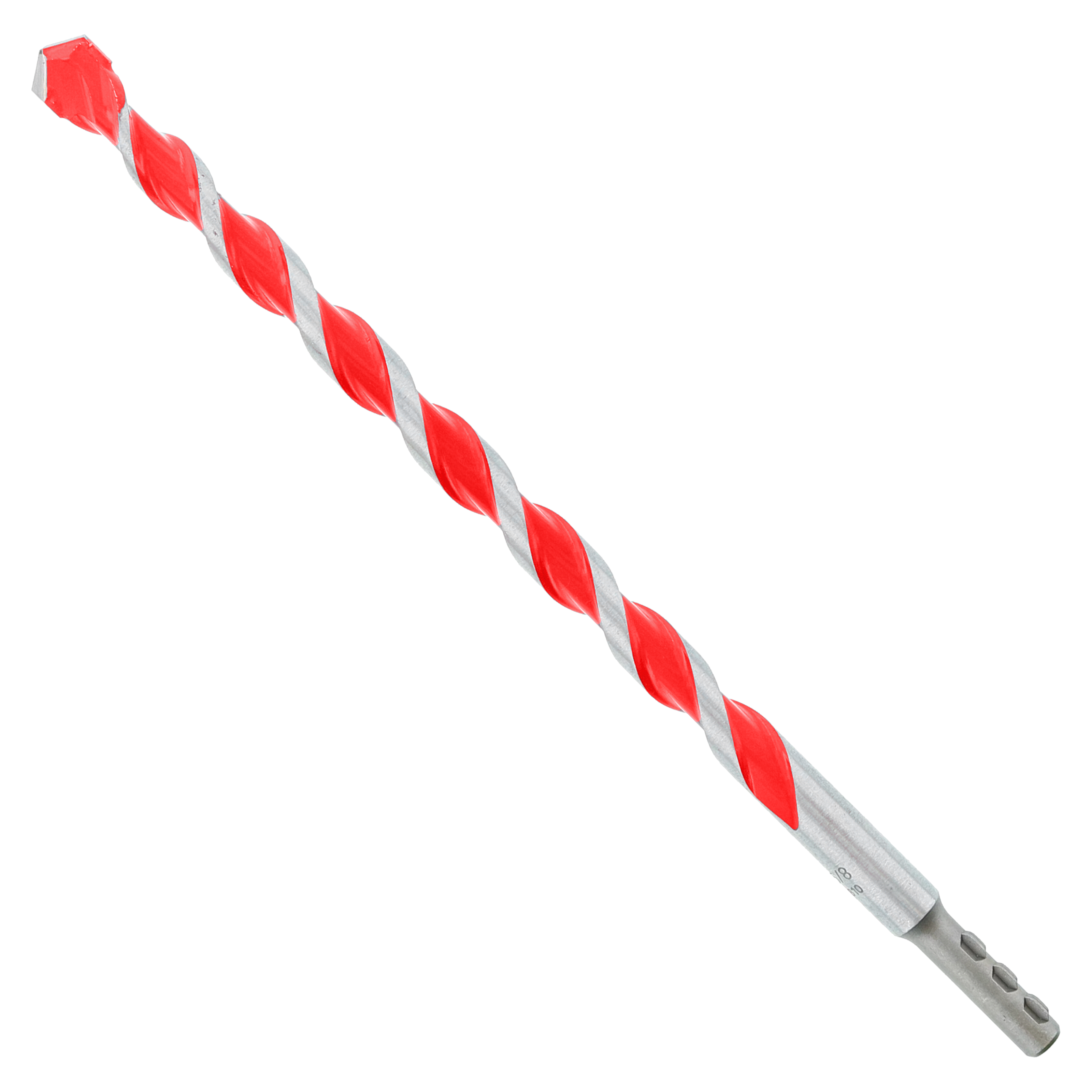 Red and gray carbide-tipped hammer drill bit with spiral flutes and SDS-plus shank.