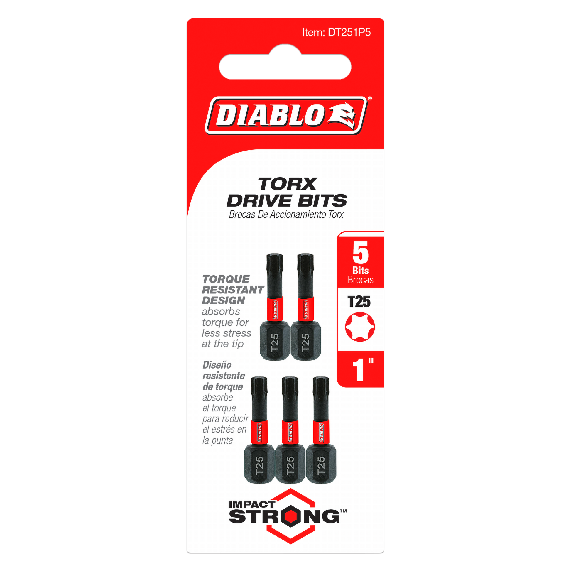 Five black Diablo Torx T25 drive bits, 1 inch long, with red accent bands on packaging.