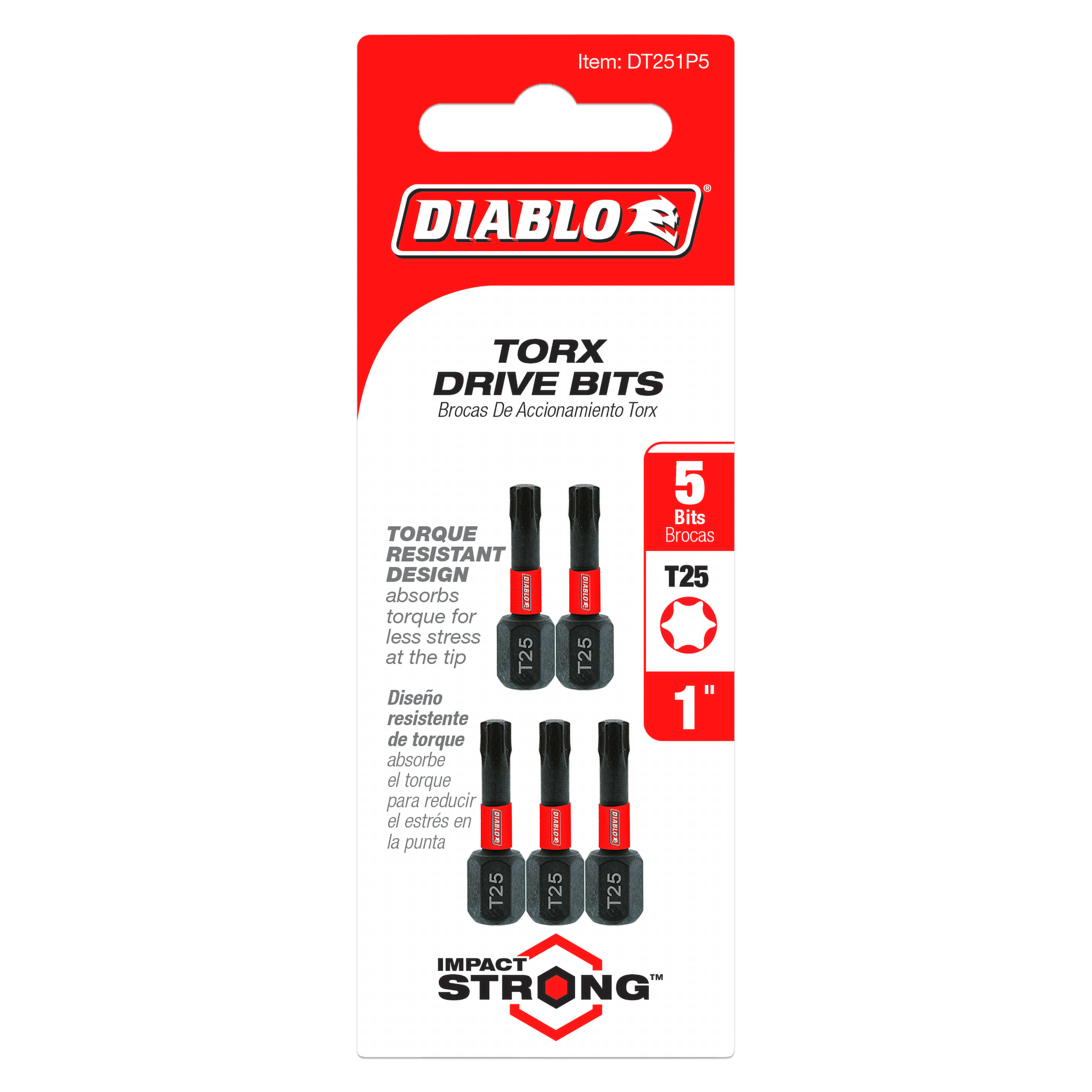 Five black Diablo Torx T25 drive bits, 1 inch long, with red accent bands on packaging.