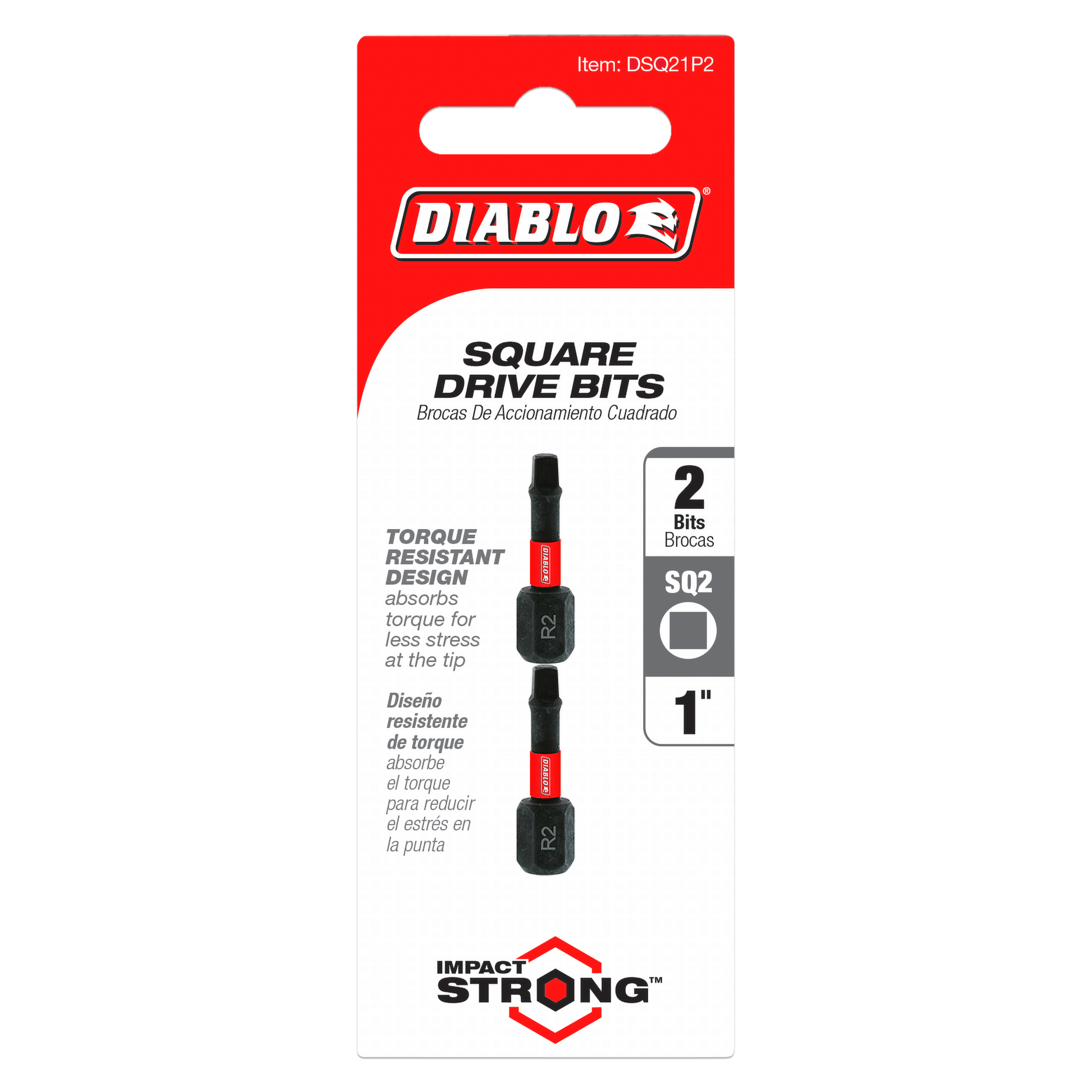 Two 1-inch black Diablo #2 square drive bits with red accents on retail packaging.