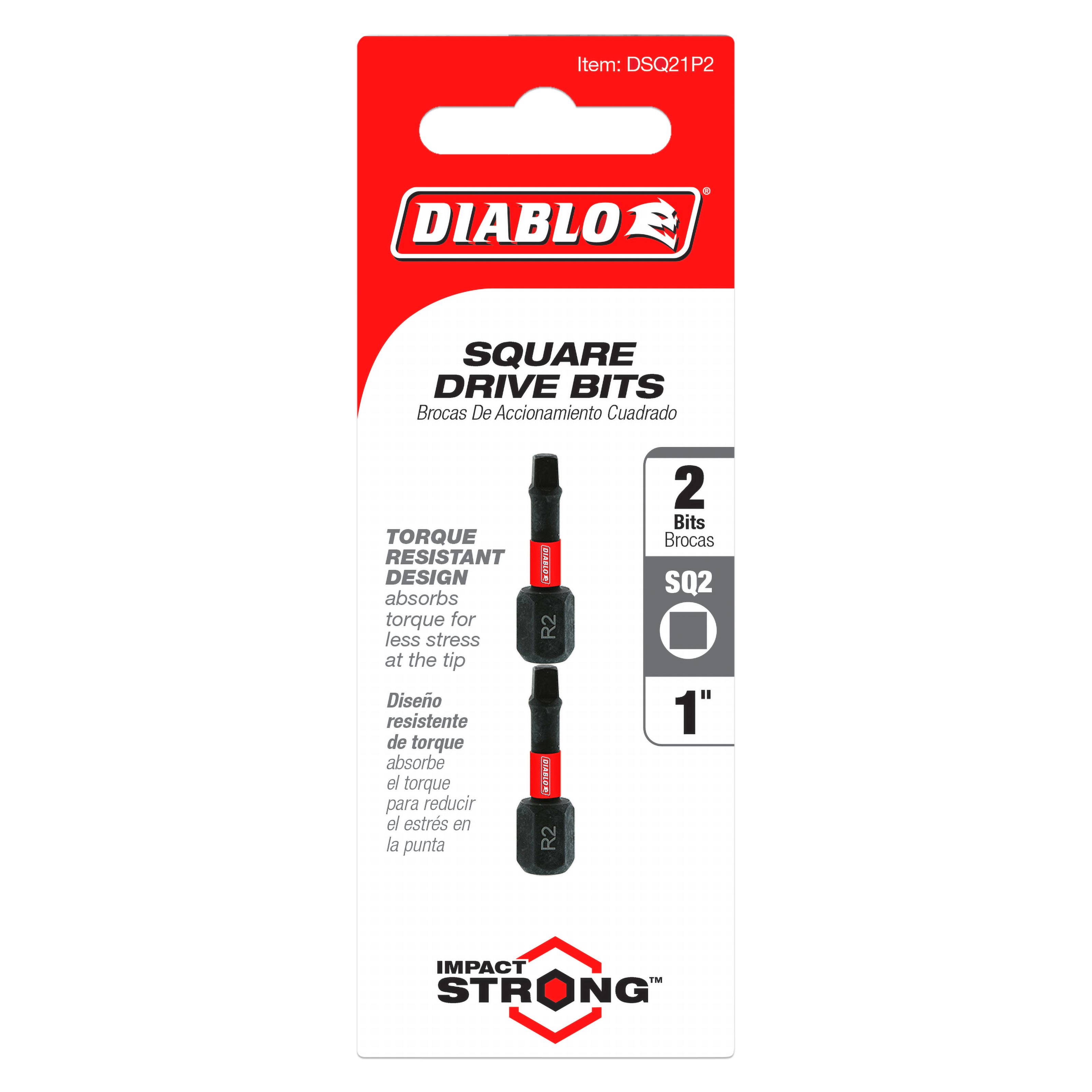 Two 1-inch black Diablo #2 square drive bits with red accents on retail packaging.