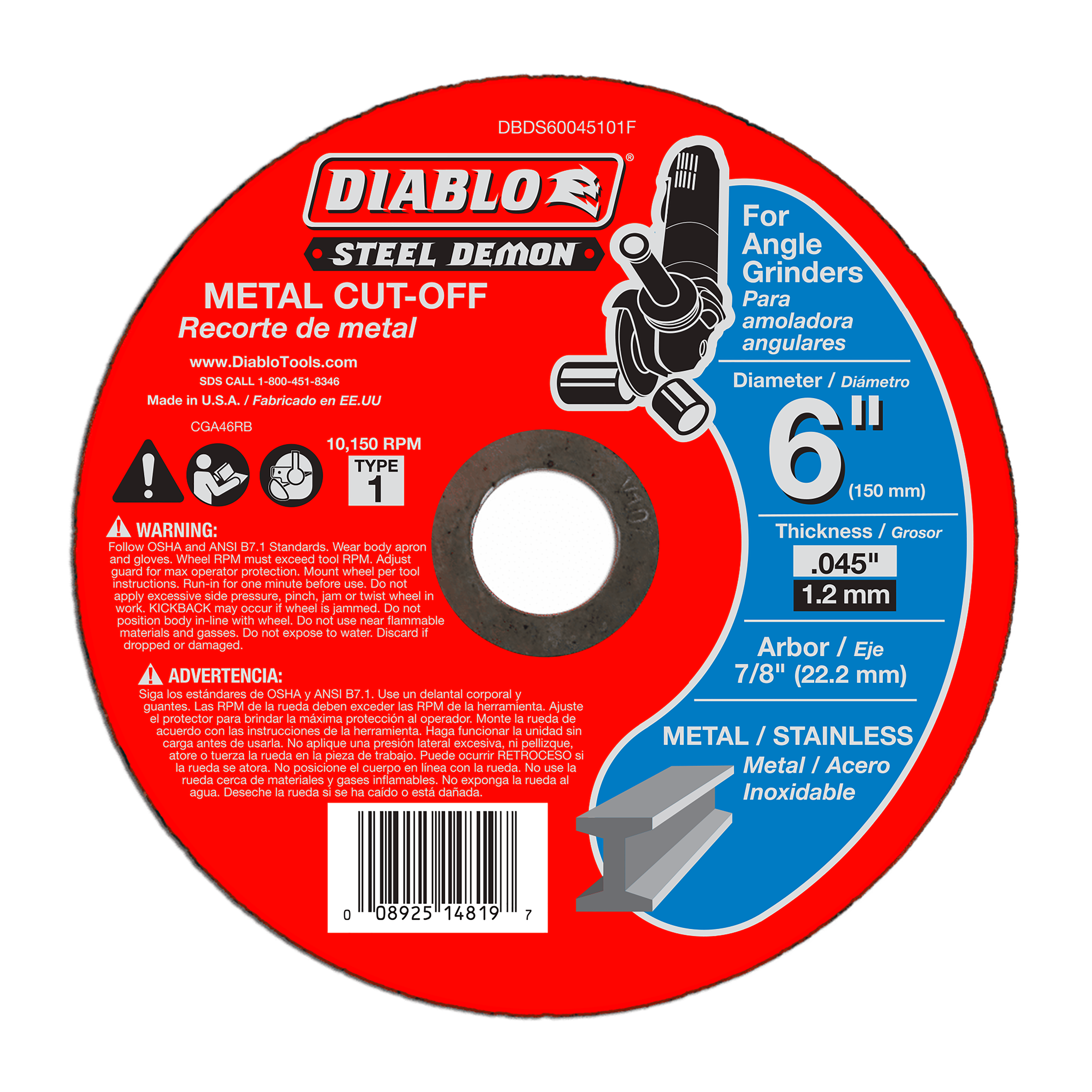 Diablo DBDS60045101F Steel Demon 6 in. Type 1 Metal Cut-Off Disc
