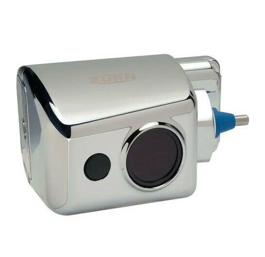White electronic sensor module with dual circular sensor ports and blue outlet connection pipe.