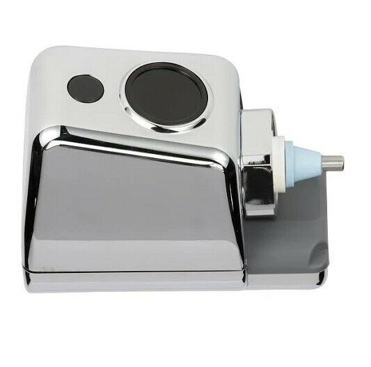 Electronic flush valve retrofit kit with chrome escutcheon, sensor lens, and supply connection port.