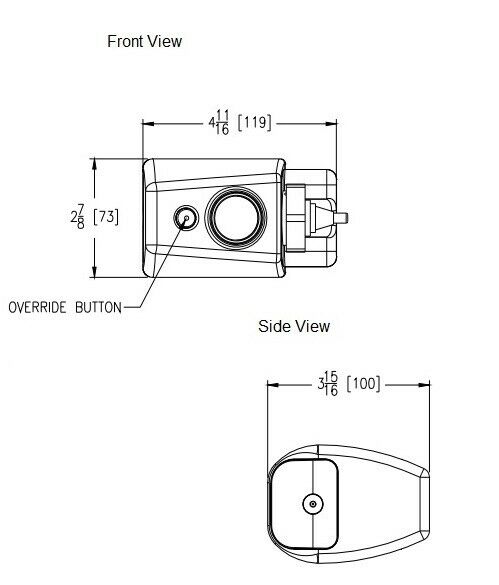 Electronic flush valve sensor unit with override button, shown in front and top views with dimensions.