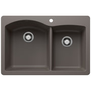 Volcano grey dual bowl drop-in sink with one larger and one smaller basin, chrome drain fixtures, and single faucet hole.