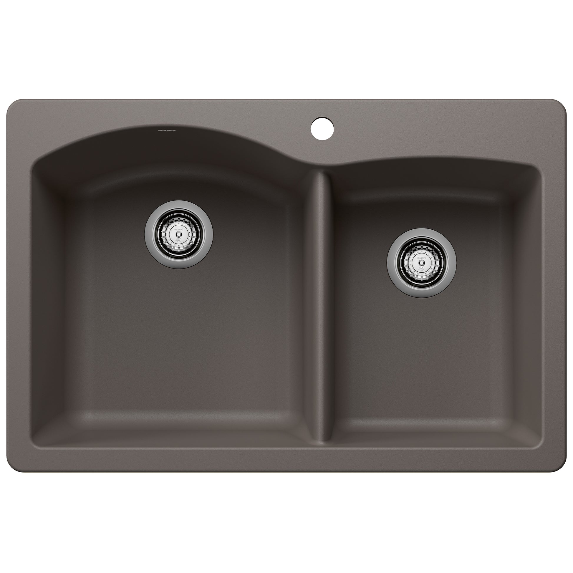 Volcano grey dual bowl drop-in sink with one larger and one smaller basin, chrome drain fixtures, and single faucet hole.