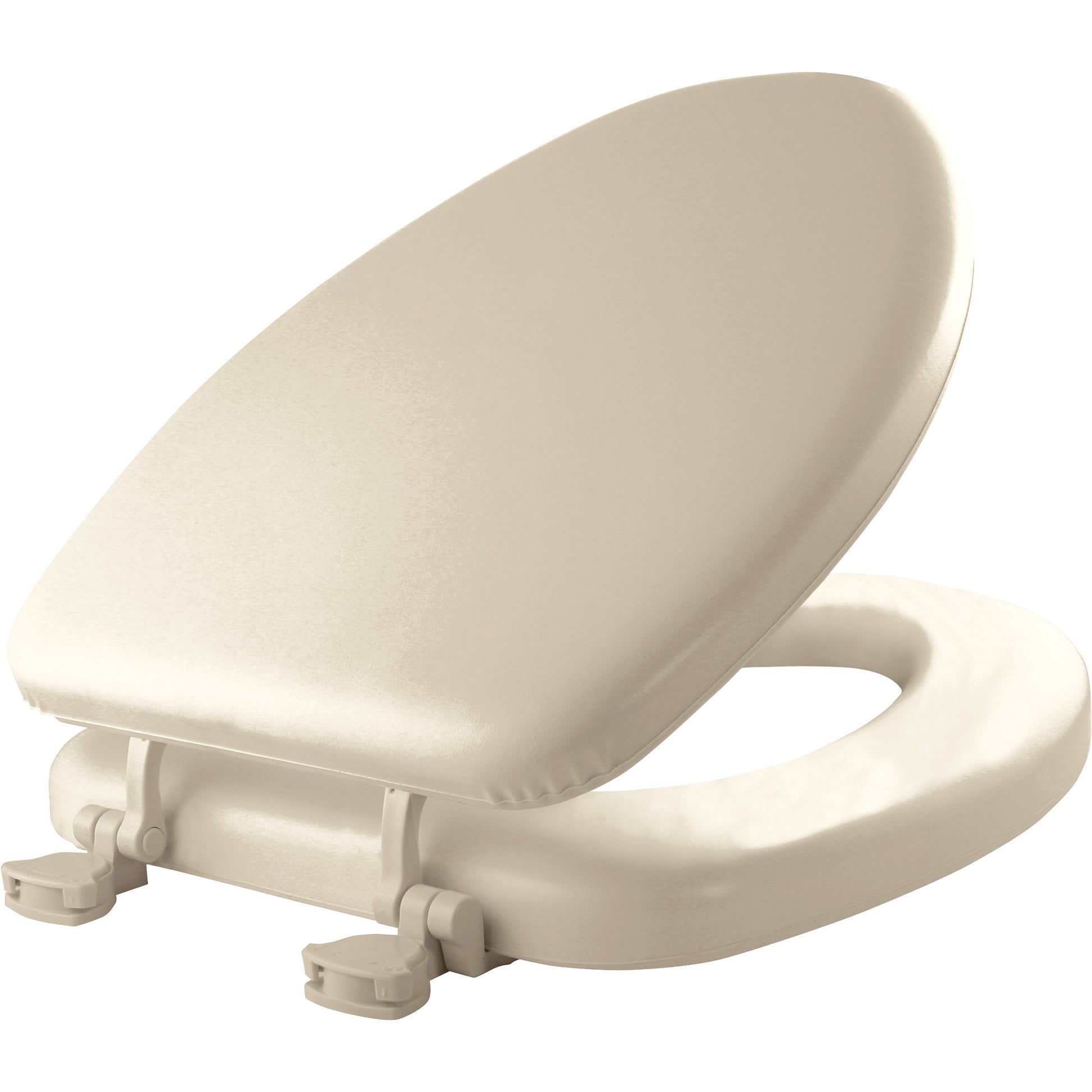 Bone-colored elongated toilet seat with cushioned vinyl surface and dual fastening hinges.