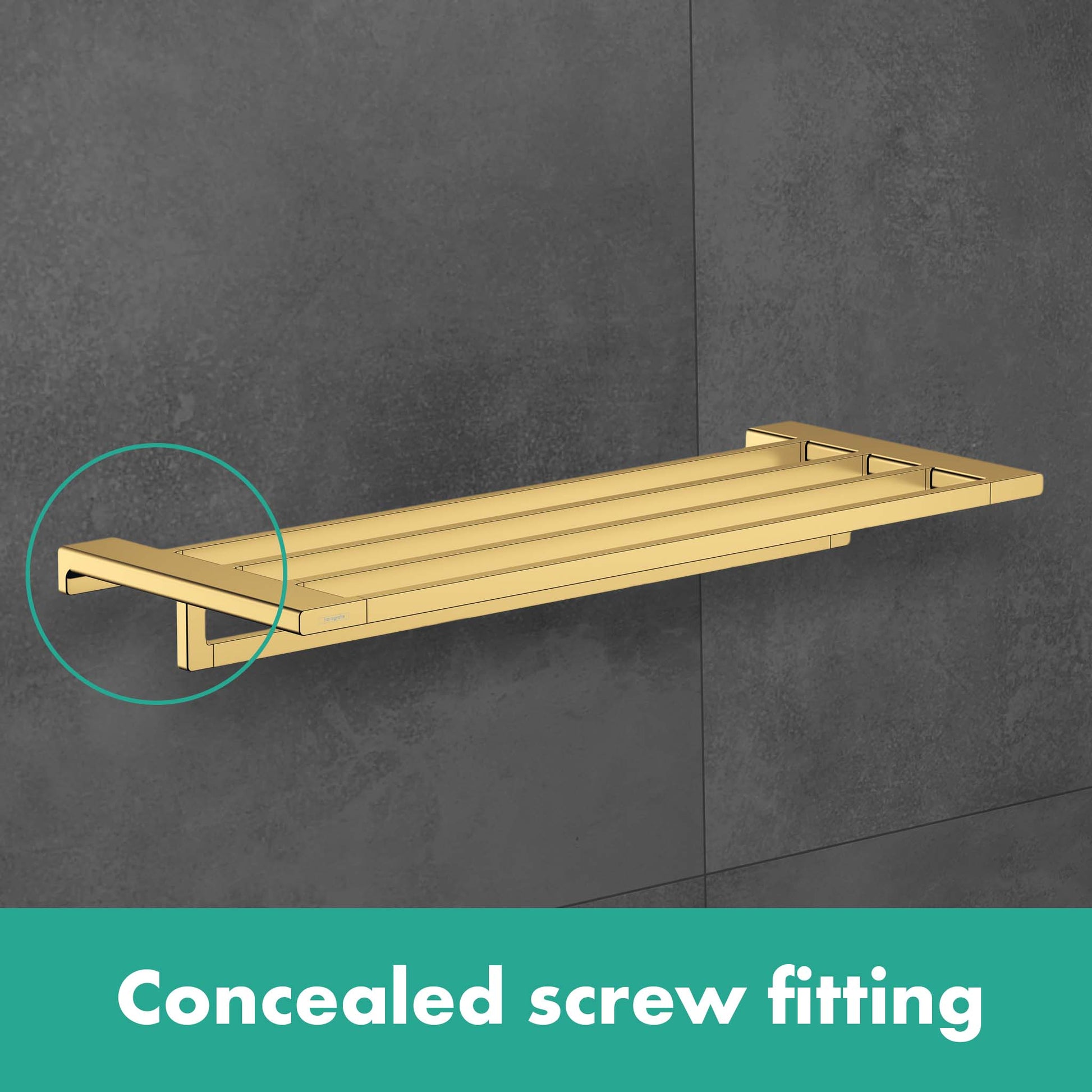 Chrome towel rack with horizontal bar mounted on gray tile wall.