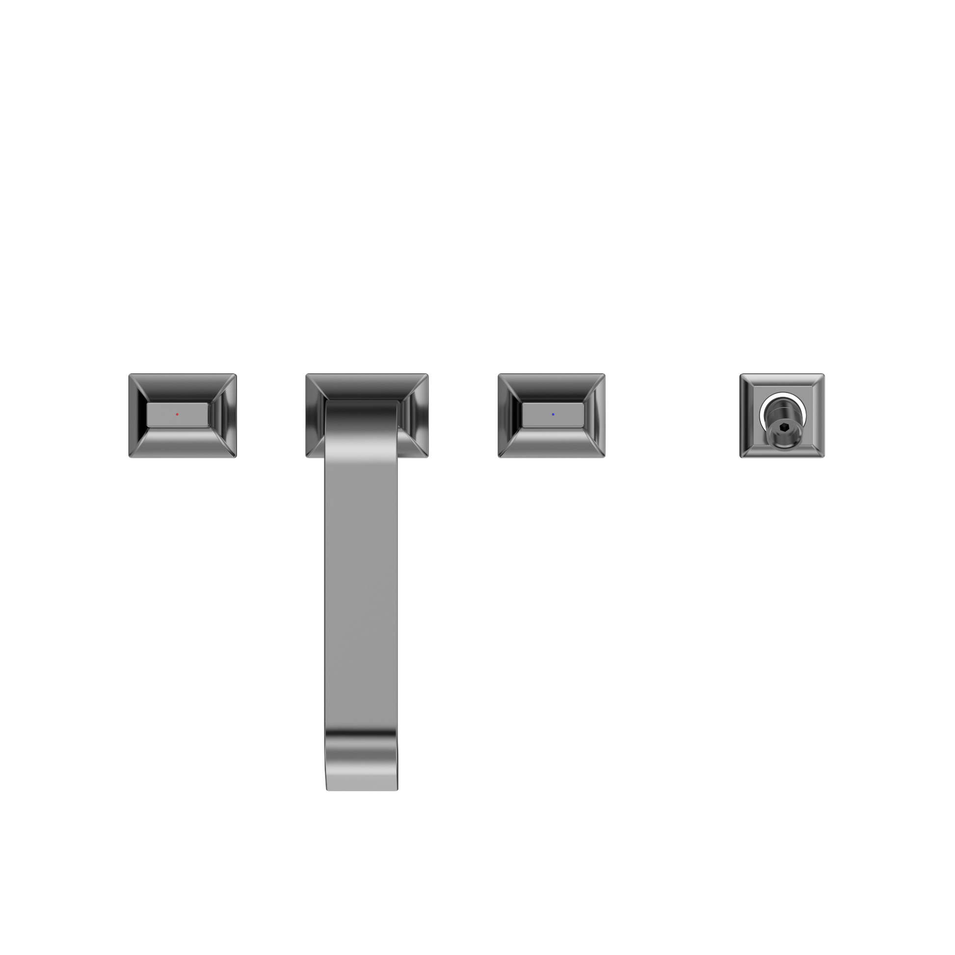 Polished chrome two-handle roman tub filler trim with central spout and separate handshower outlet.