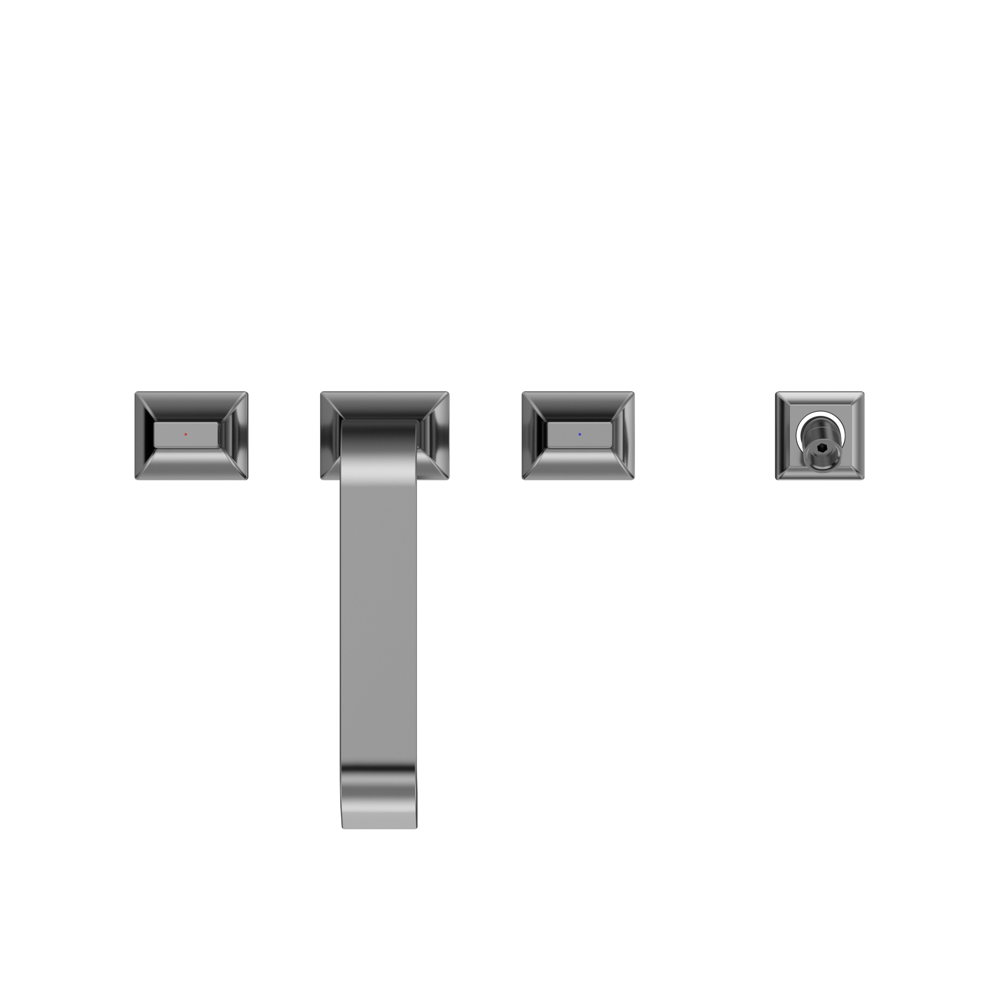 Polished chrome two-handle roman tub filler trim with central spout and separate handshower outlet.