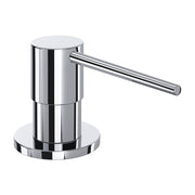 Polished chrome soap dispenser with cylindrical pump body and angled spout on circular base.