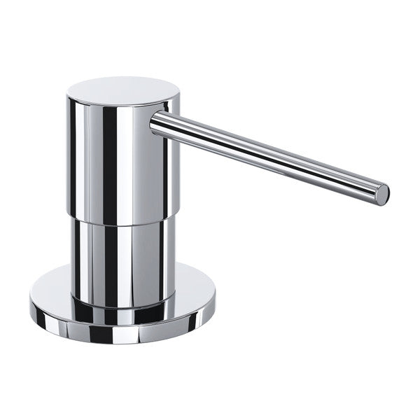 Polished chrome soap dispenser with cylindrical pump body and angled spout on circular base.