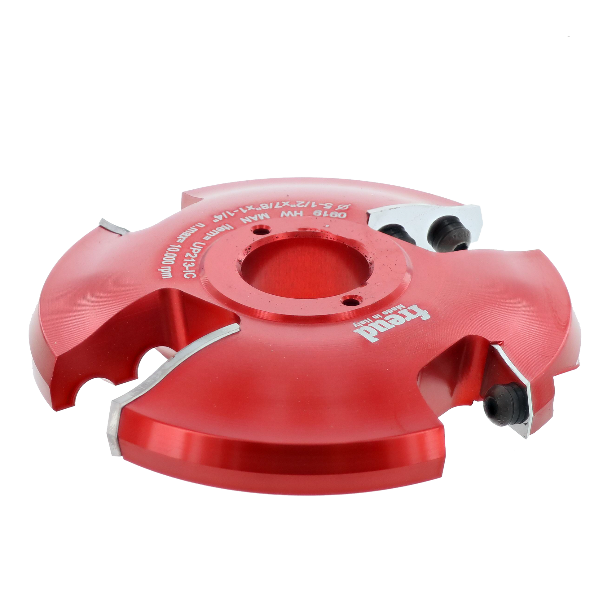 Red router cutter bit with central arbor hole and two cutting edges visible on opposing sides.