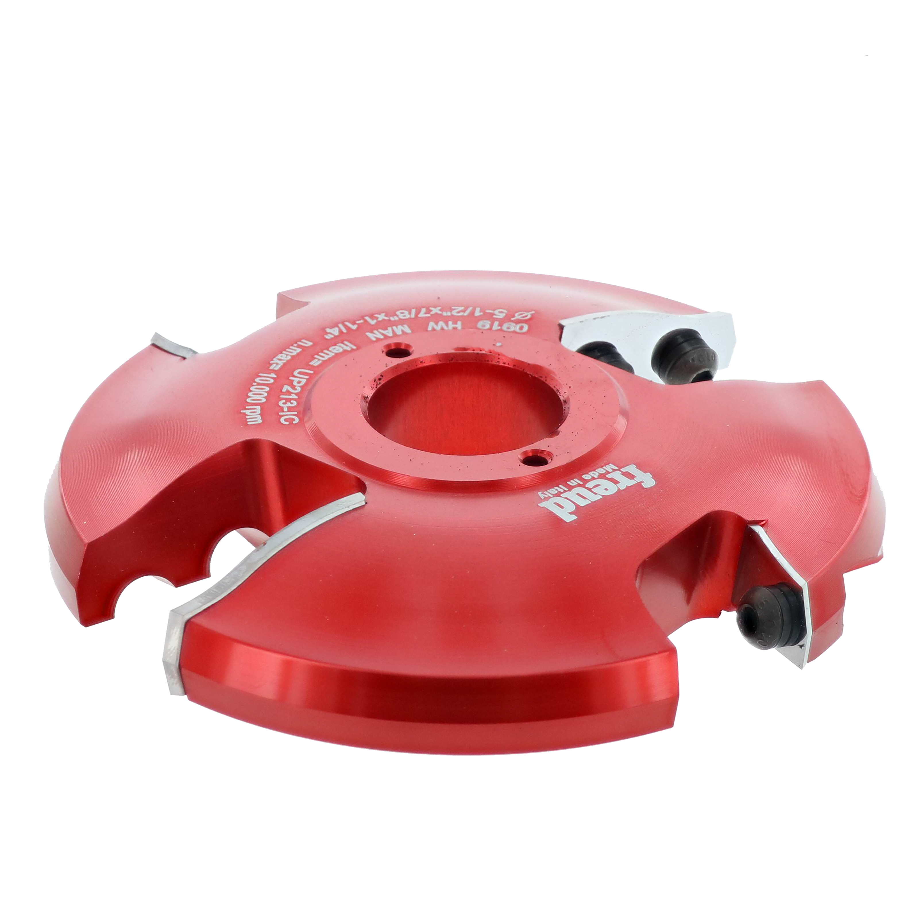 Red router cutter bit with central arbor hole and two cutting edges visible on opposing sides.