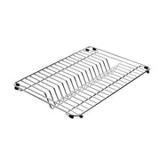 Stainless steel dish rack with divided compartments and rubber feet for sink installation.