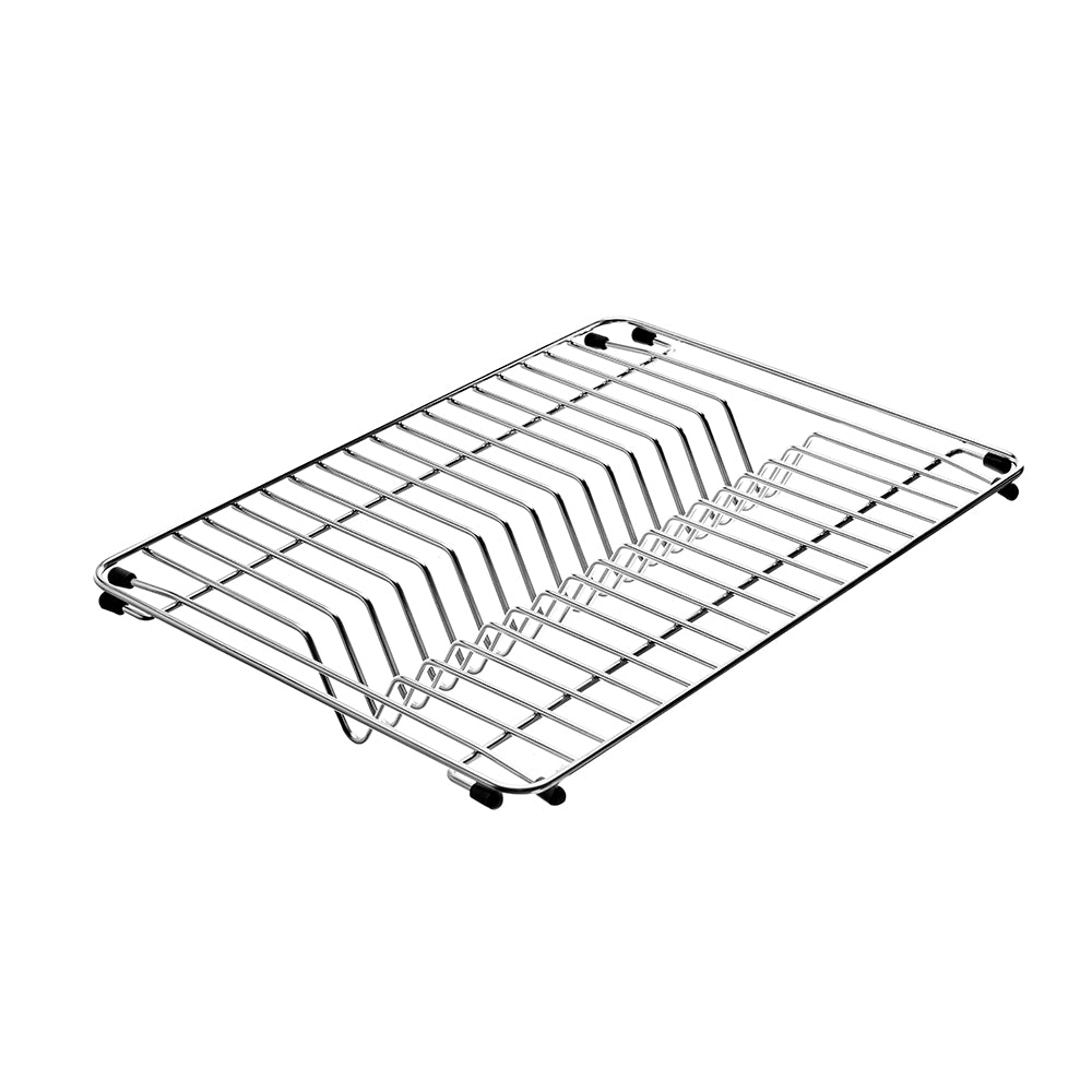 Stainless steel dish rack with divided compartments and rubber feet for sink installation.