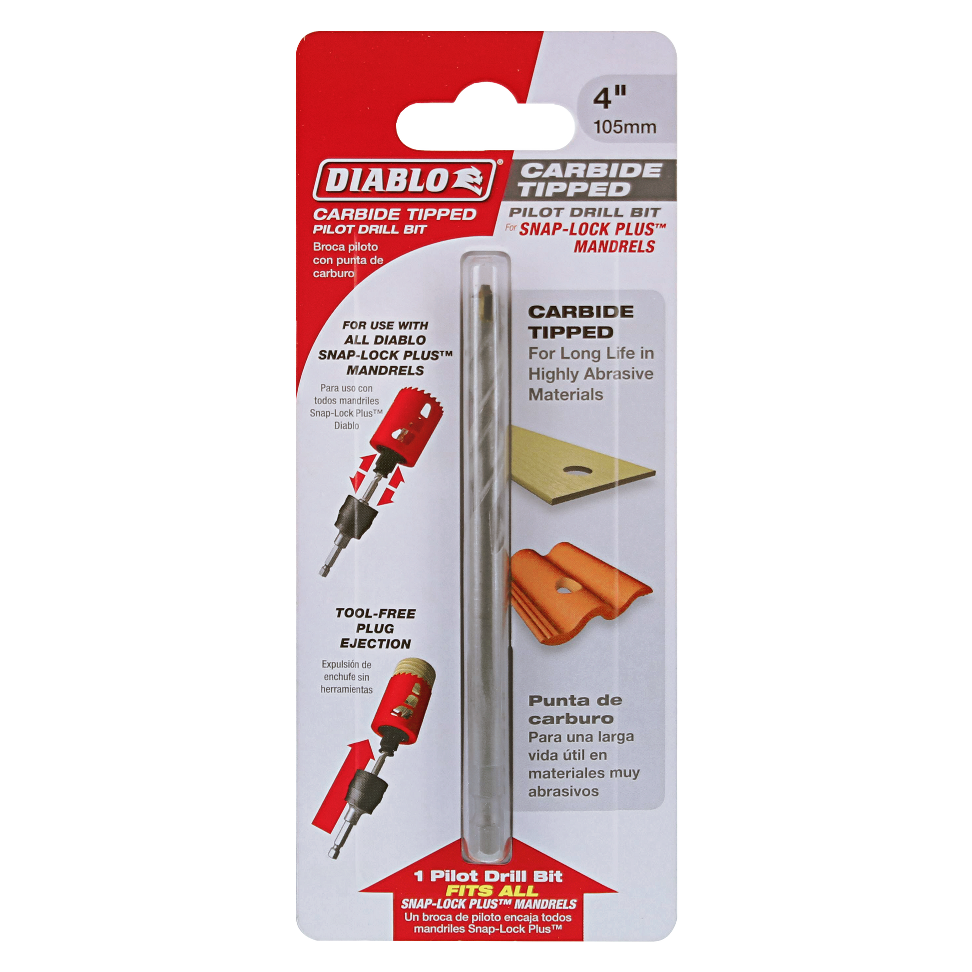 Diablo 4 inch carbide tipped pilot drill bit in packaging with product information and usage instructions.
