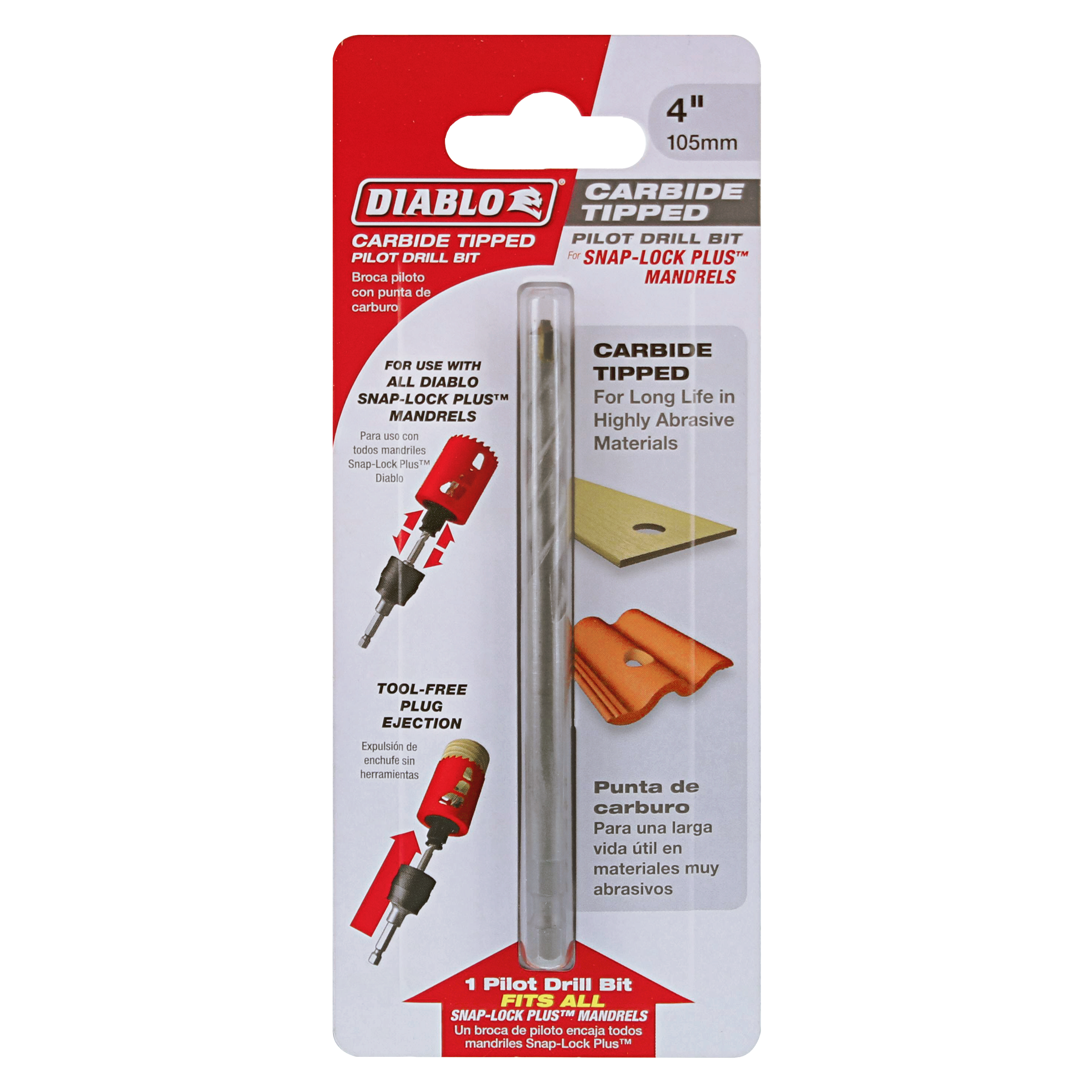 Diablo 4 inch carbide tipped pilot drill bit in packaging with product information and usage instructions.