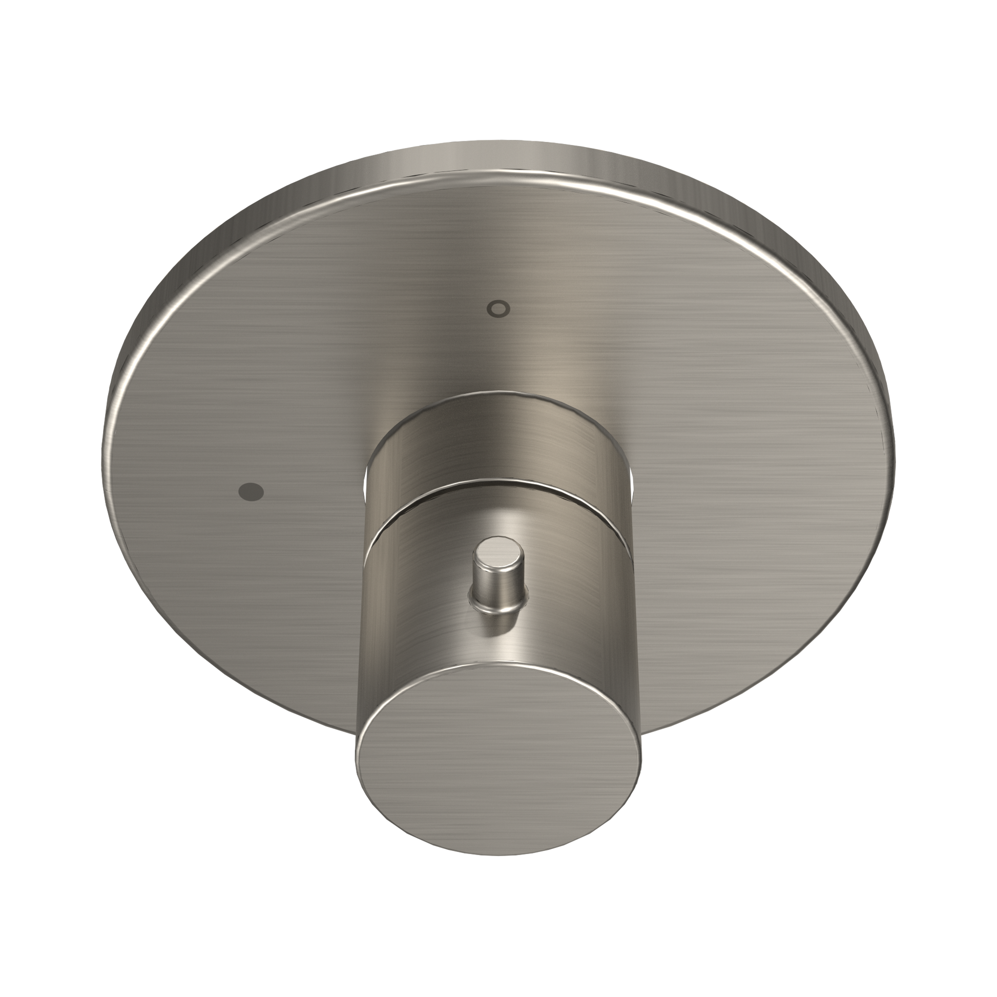 Brushed nickel round shower valve trim with circular escutcheon plate and central control knob.
