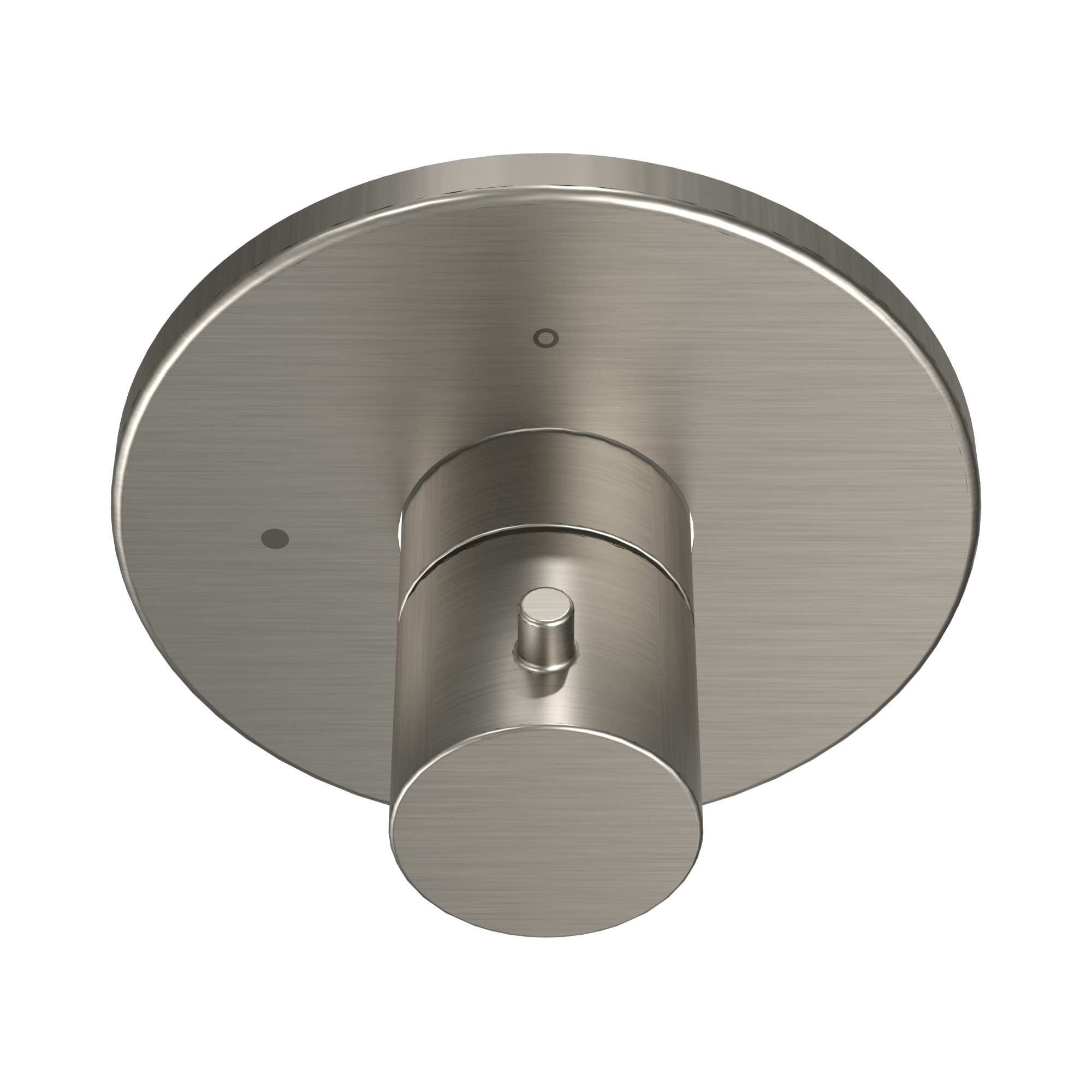 Brushed nickel round shower valve trim with circular escutcheon plate and central control knob.