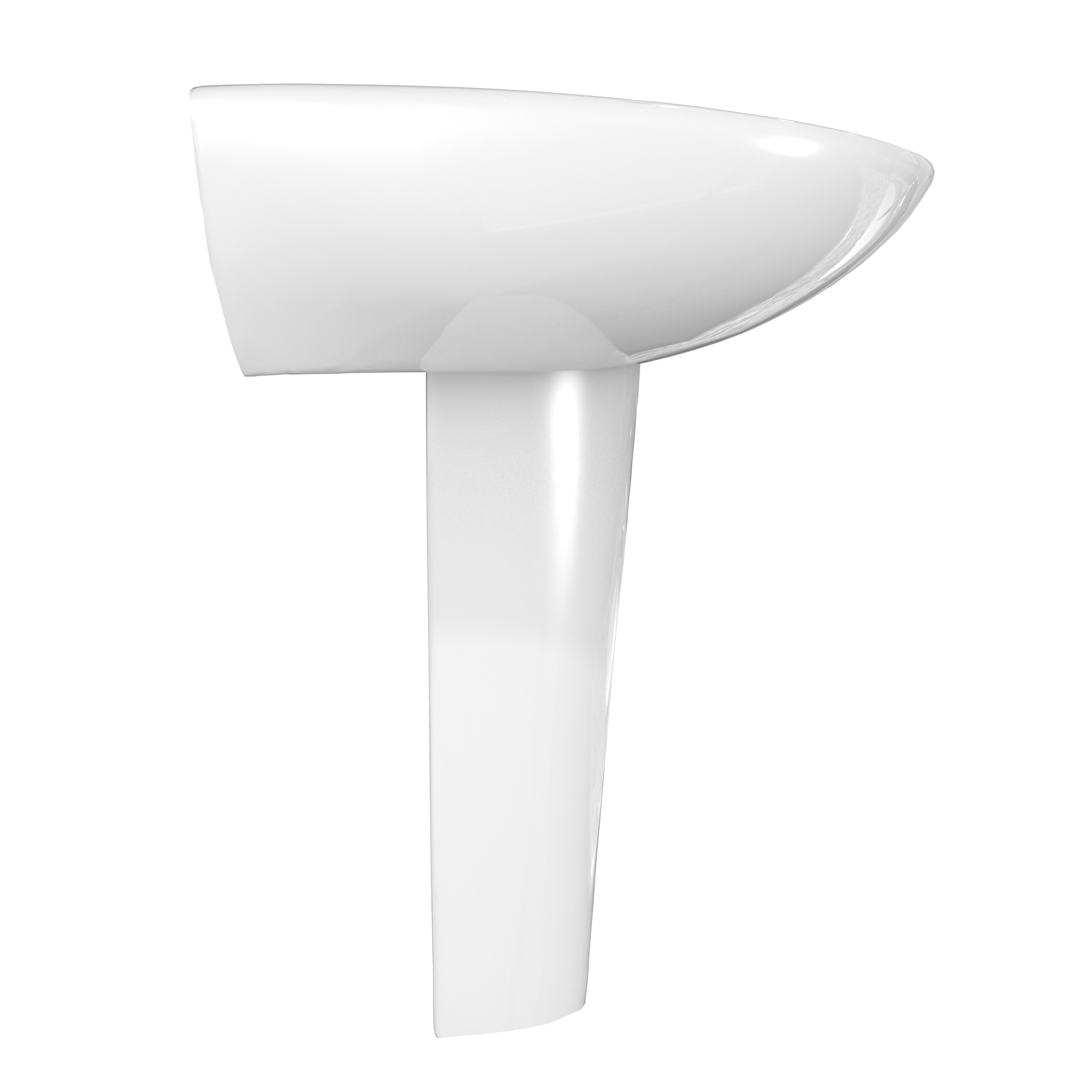 White ceramic pedestal sink with oval basin and single faucet hole.