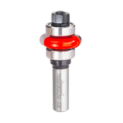 Steel router bit with red concave flute cutting edge and hexagonal nut adjustment collar.
