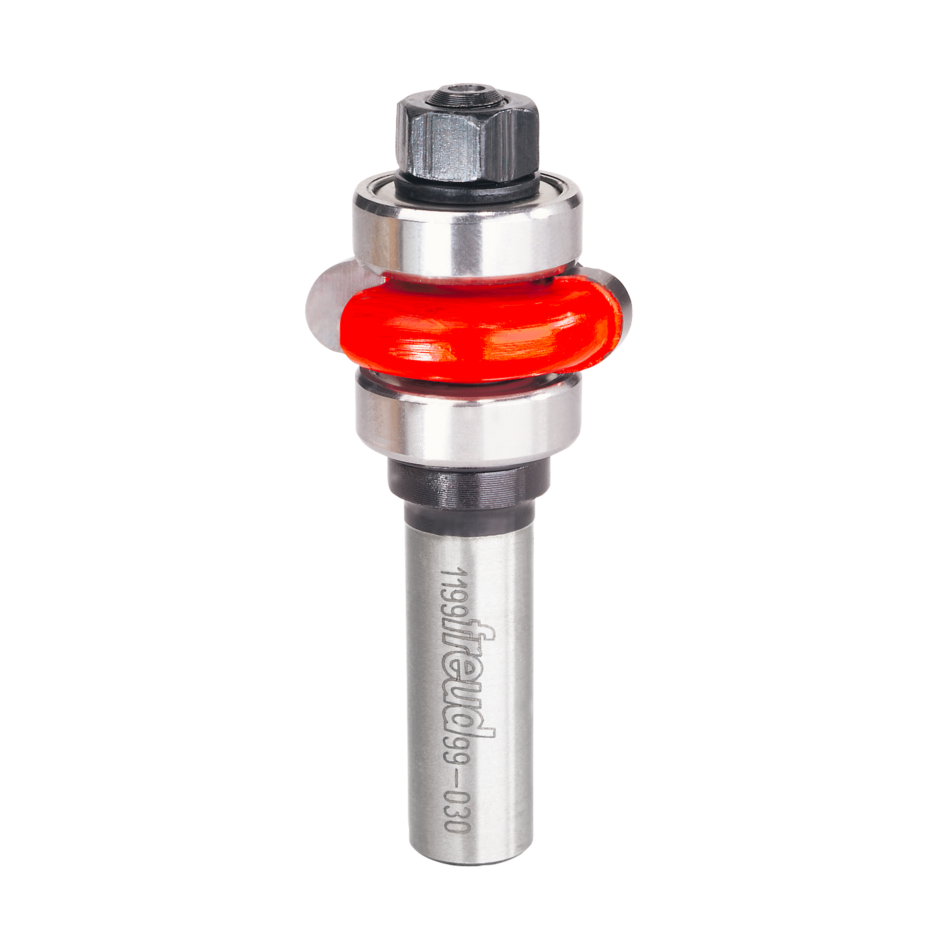 Steel router bit with red concave flute cutting edge and hexagonal nut adjustment collar.