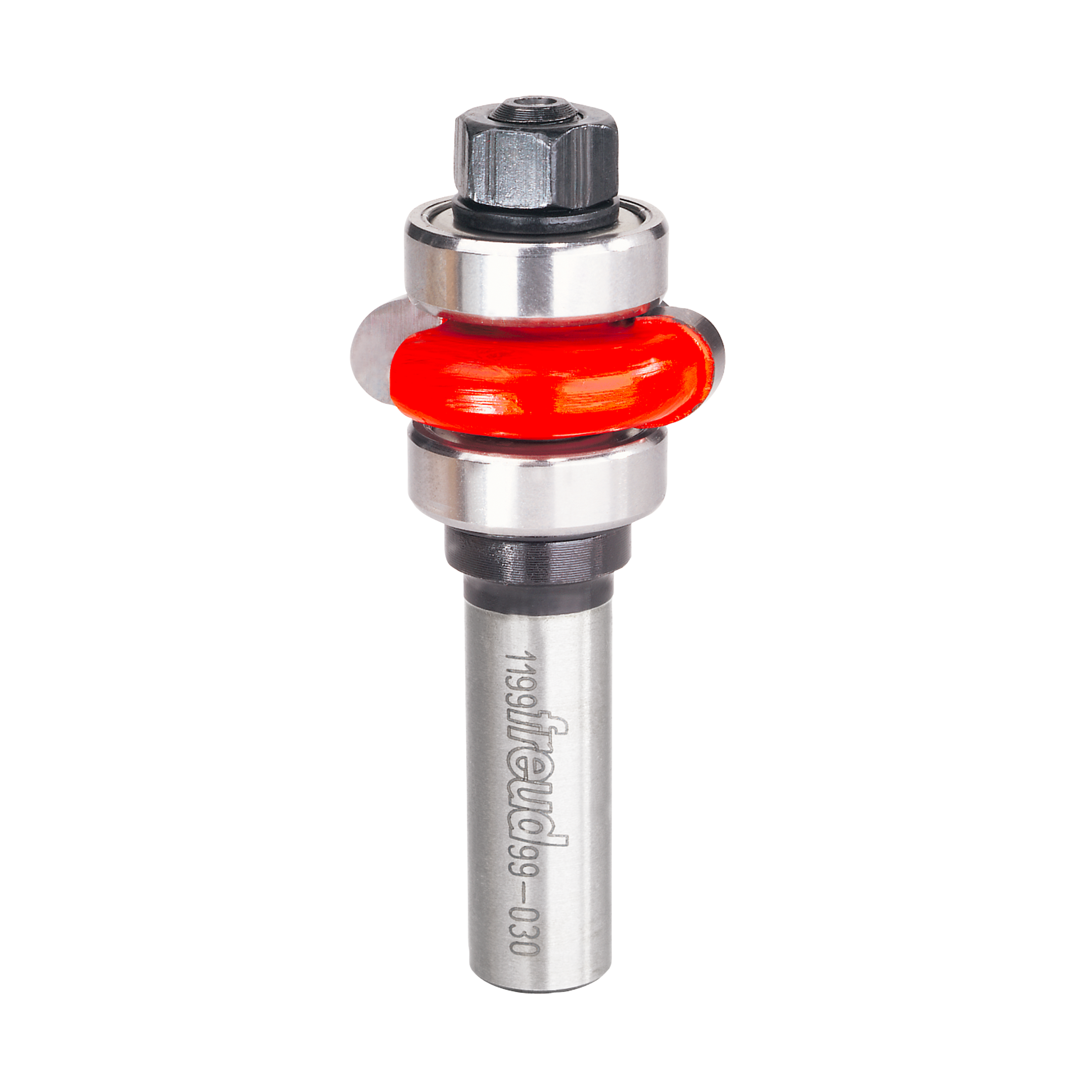 Steel router bit with red concave flute cutting edge and hexagonal nut adjustment collar.