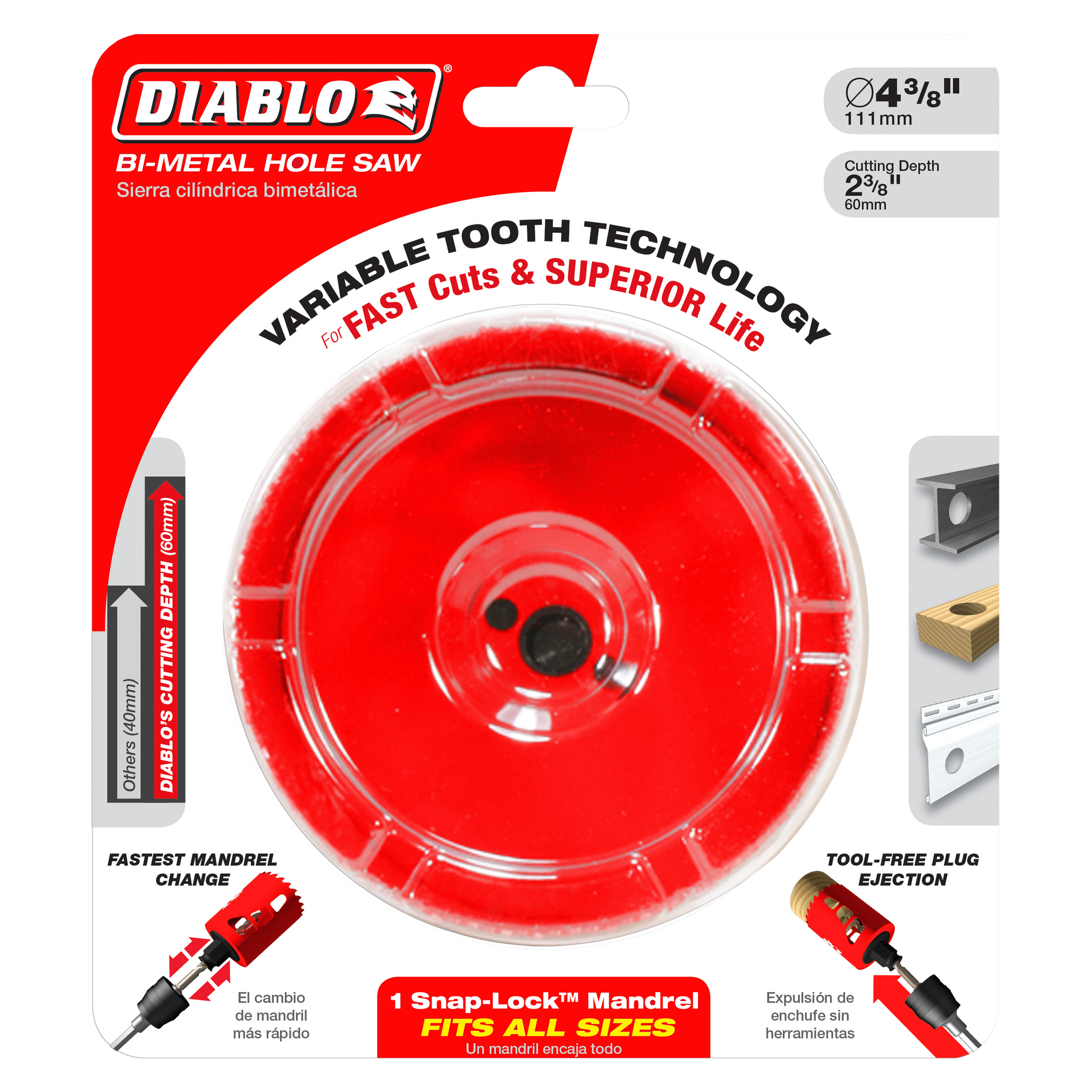 Diablo 4-3/8 inch red bi-metal hole saw with variable tooth technology and snap-lock mandrel on packaging.