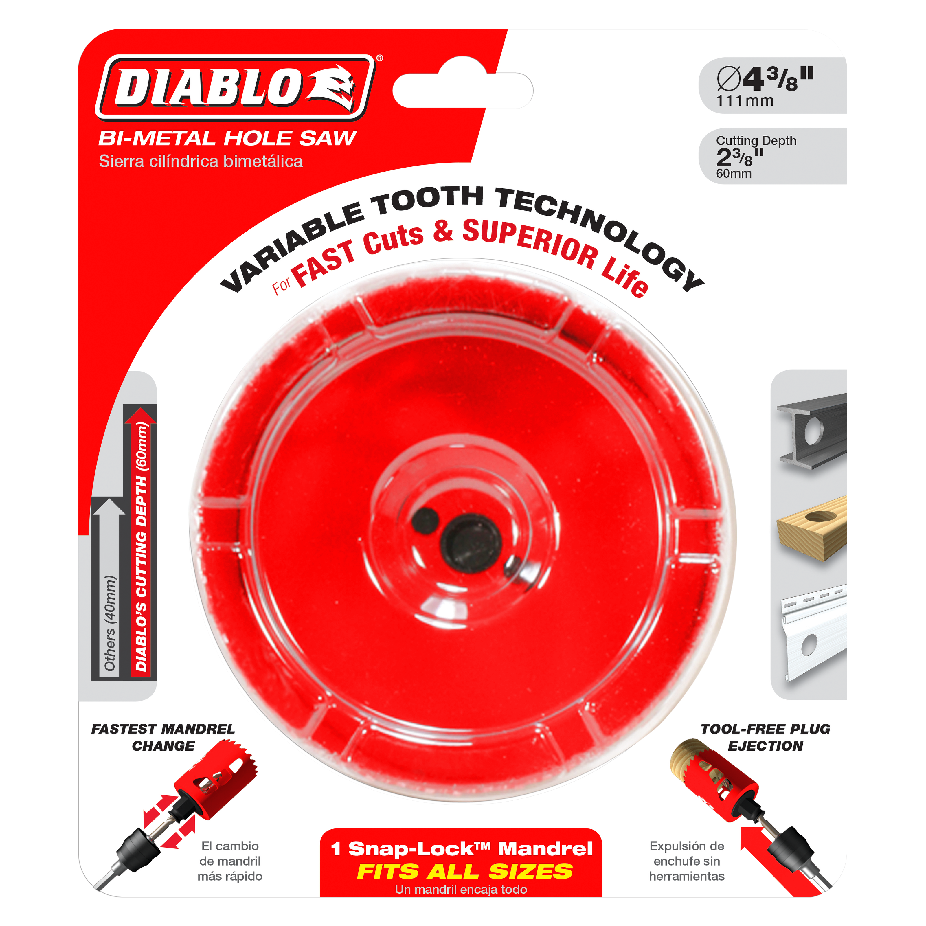 Diablo 4-3/8 inch red bi-metal hole saw with variable tooth technology and snap-lock mandrel on packaging.