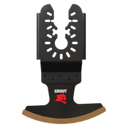 Black oscillating blade with carbide grit cutting surface and universal fit mounting holes for grout removal.