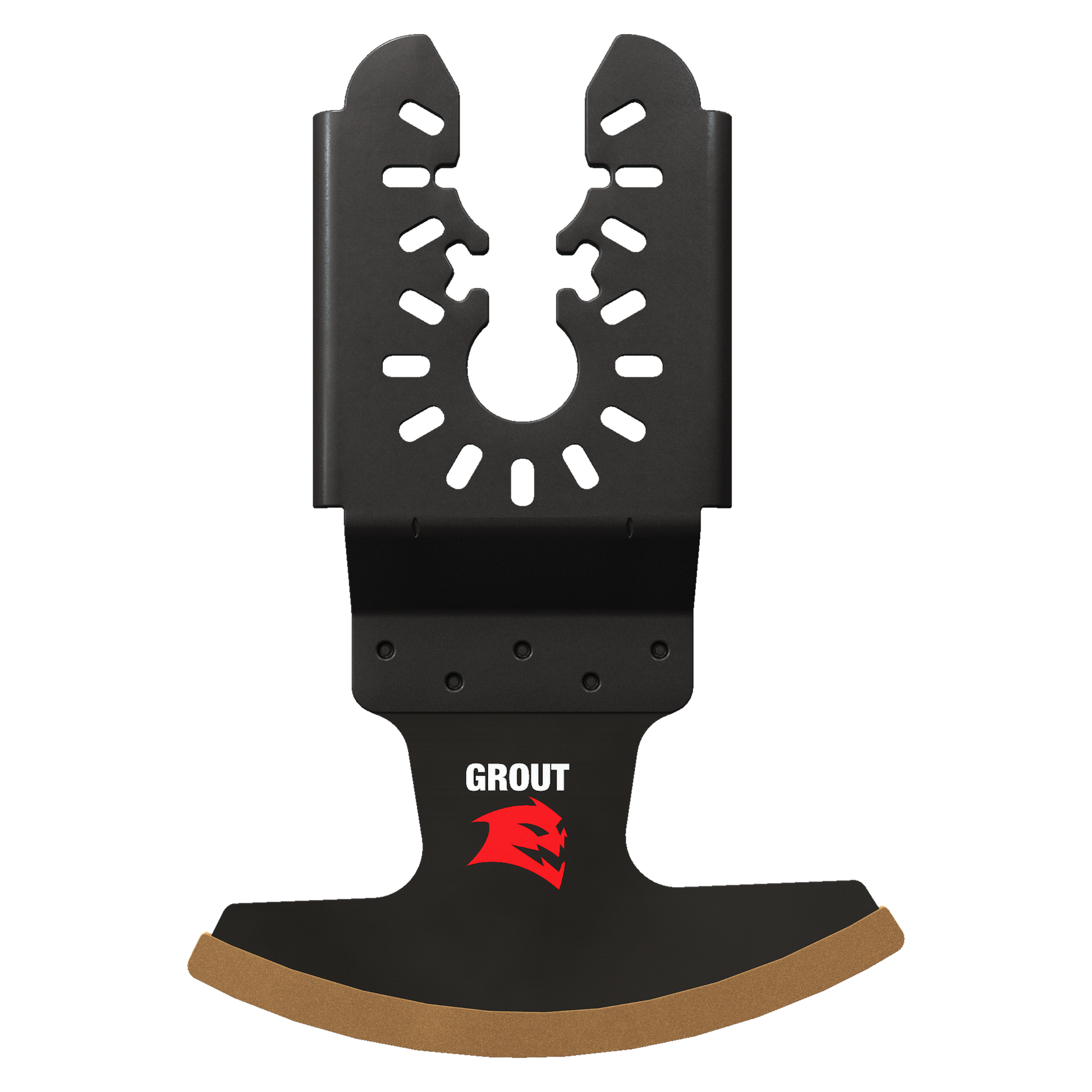 Black oscillating blade with carbide grit cutting surface and universal fit mounting holes for grout removal.