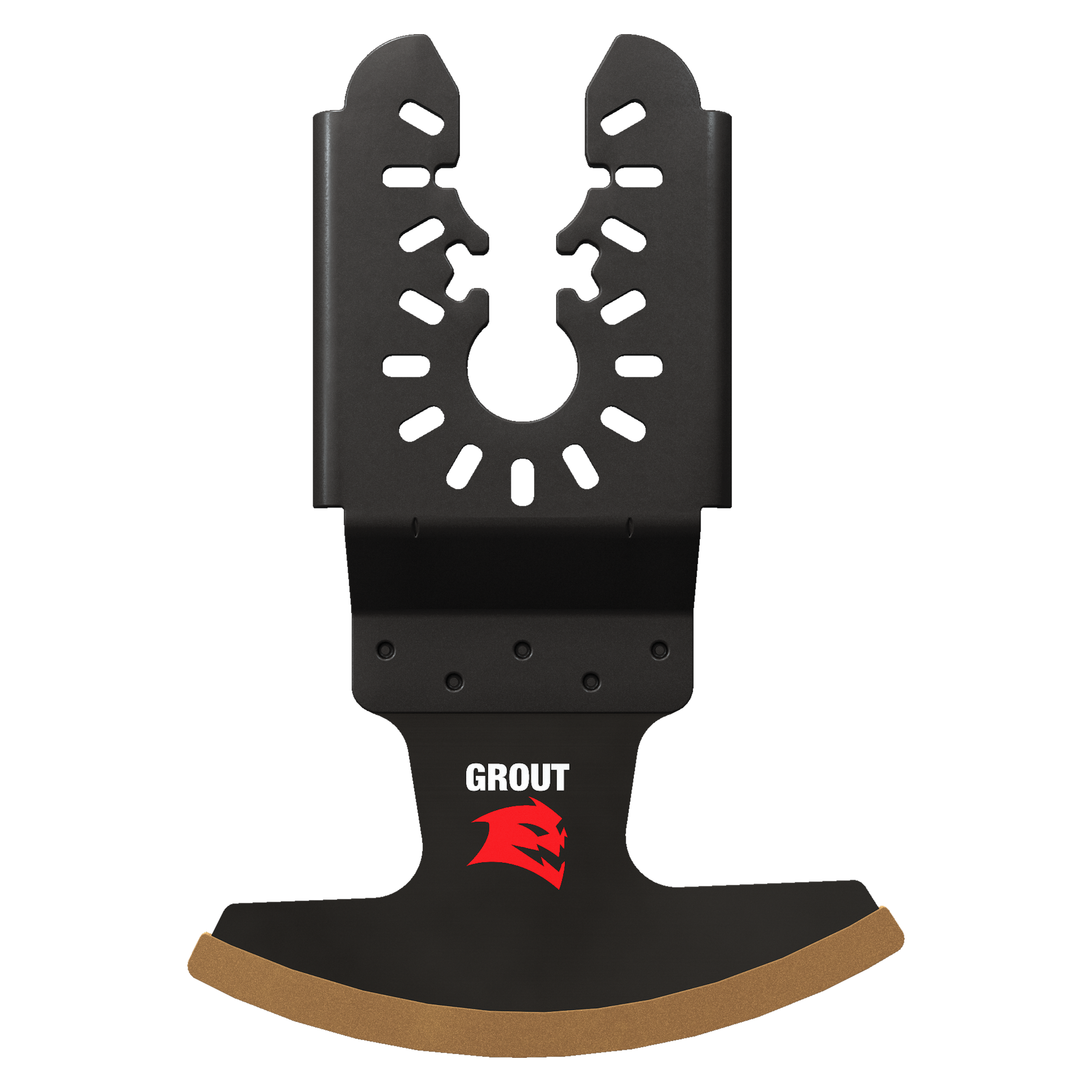 Black oscillating blade with carbide grit cutting surface and universal fit mounting holes for grout removal.
