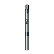 Freud Forstner bit with silver and black cylindrical shaft, flat cutting head with four pointed edges at top.