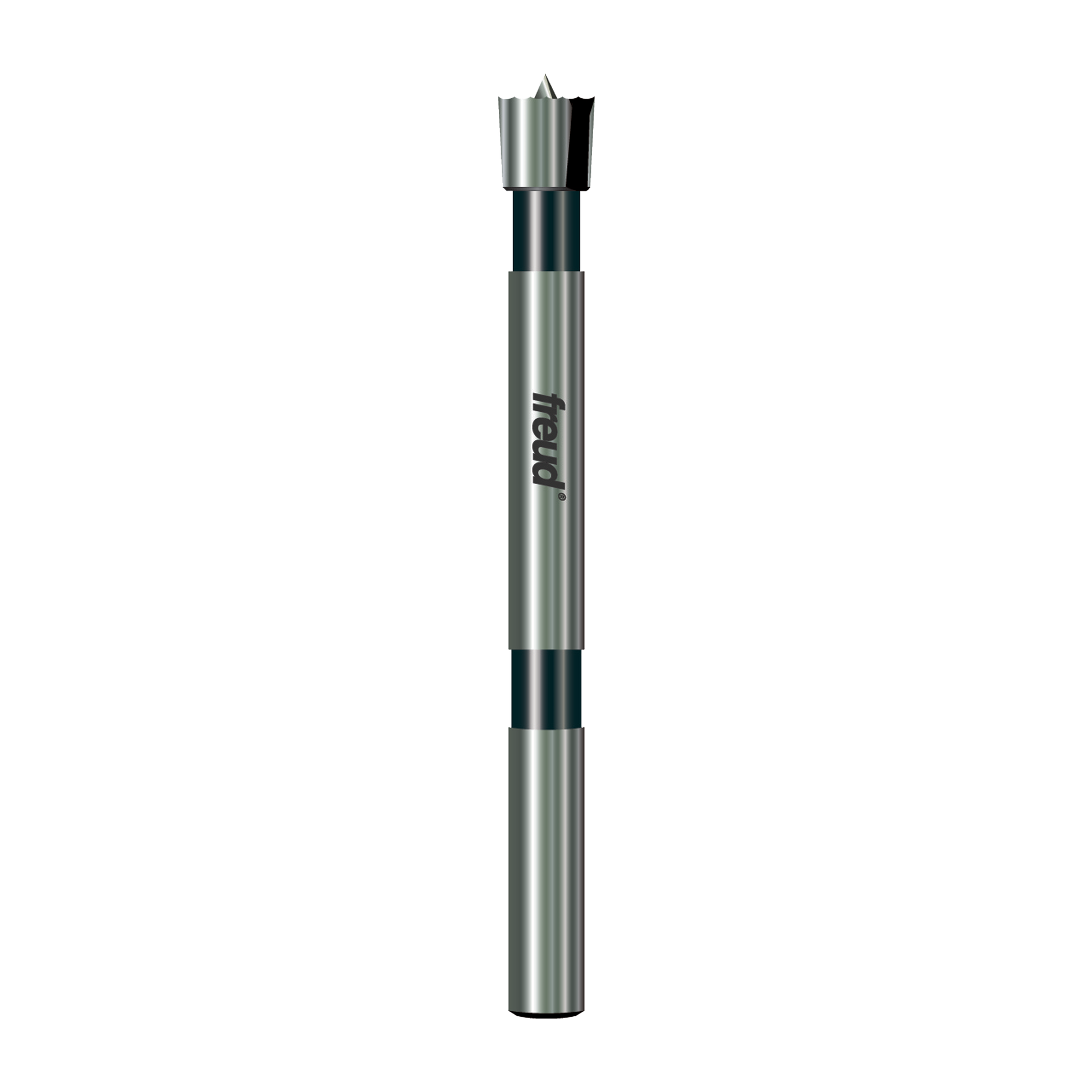 Freud Forstner bit with silver and black cylindrical shaft, flat cutting head with four pointed edges at top.