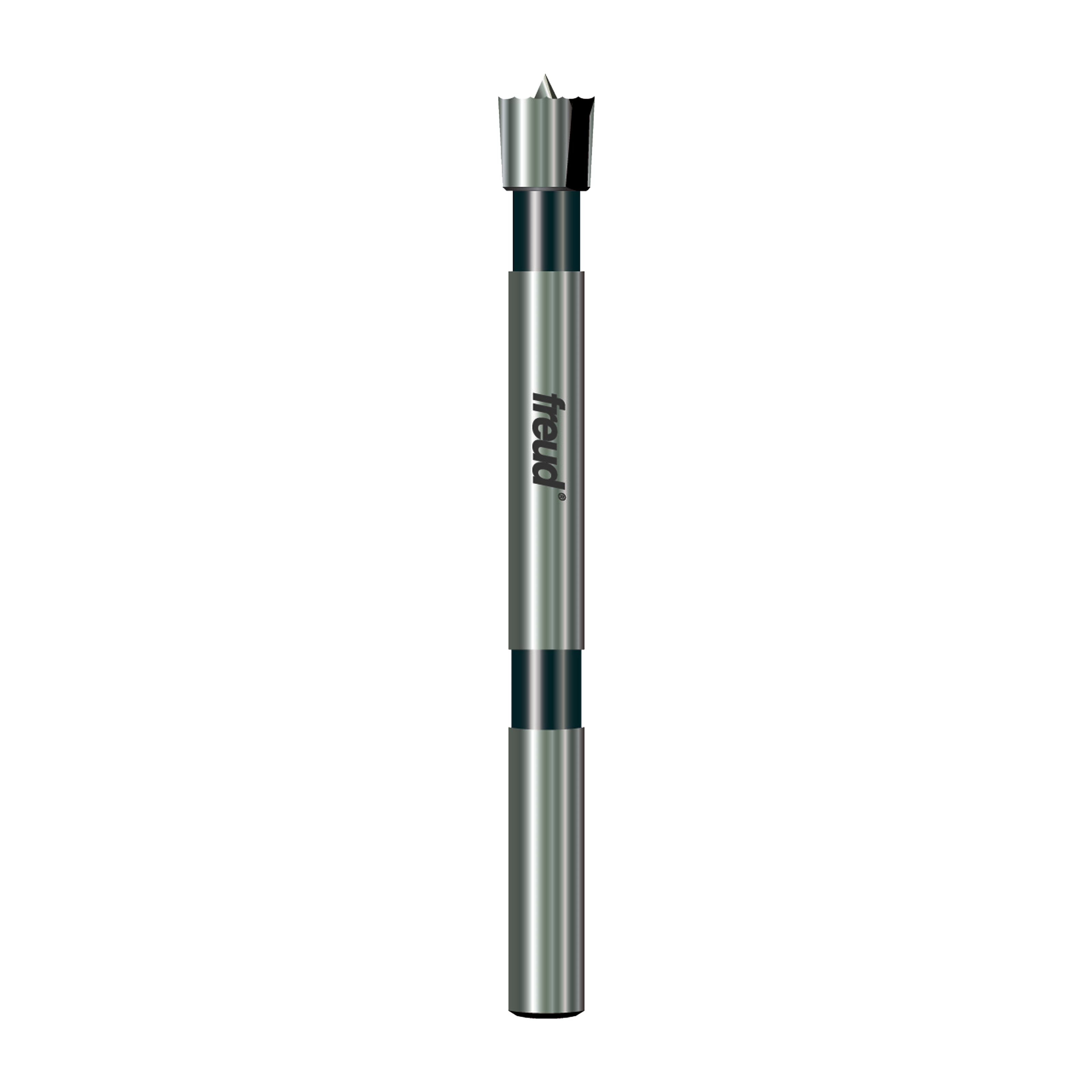 Freud Forstner bit with silver and black cylindrical shaft, flat cutting head with four pointed edges at top.