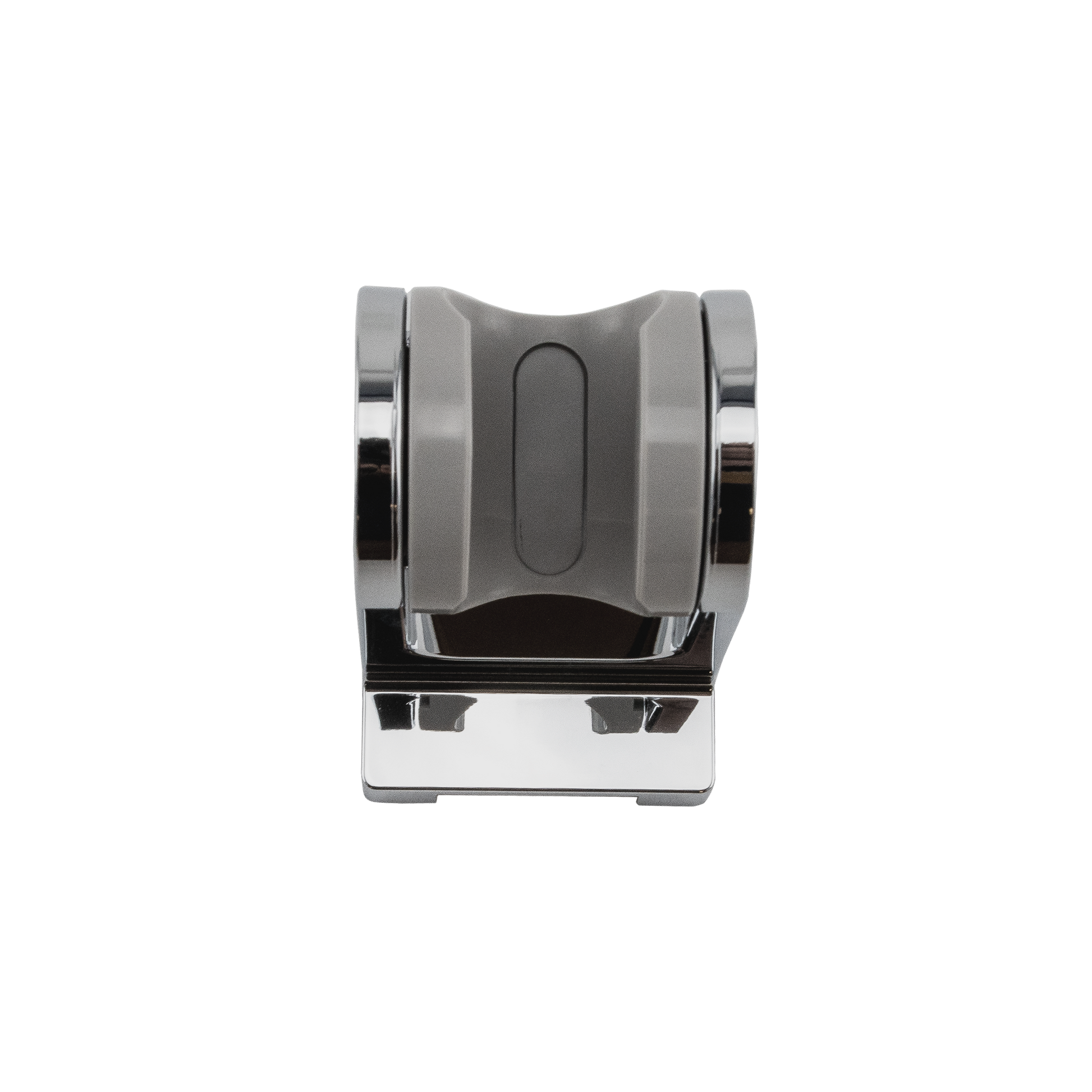 Polished chrome wall mount bracket with gray grip holder for handshower attachment.