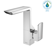 Polished chrome single-handle bathroom sink faucet with rectangular spout and curved lever handle.