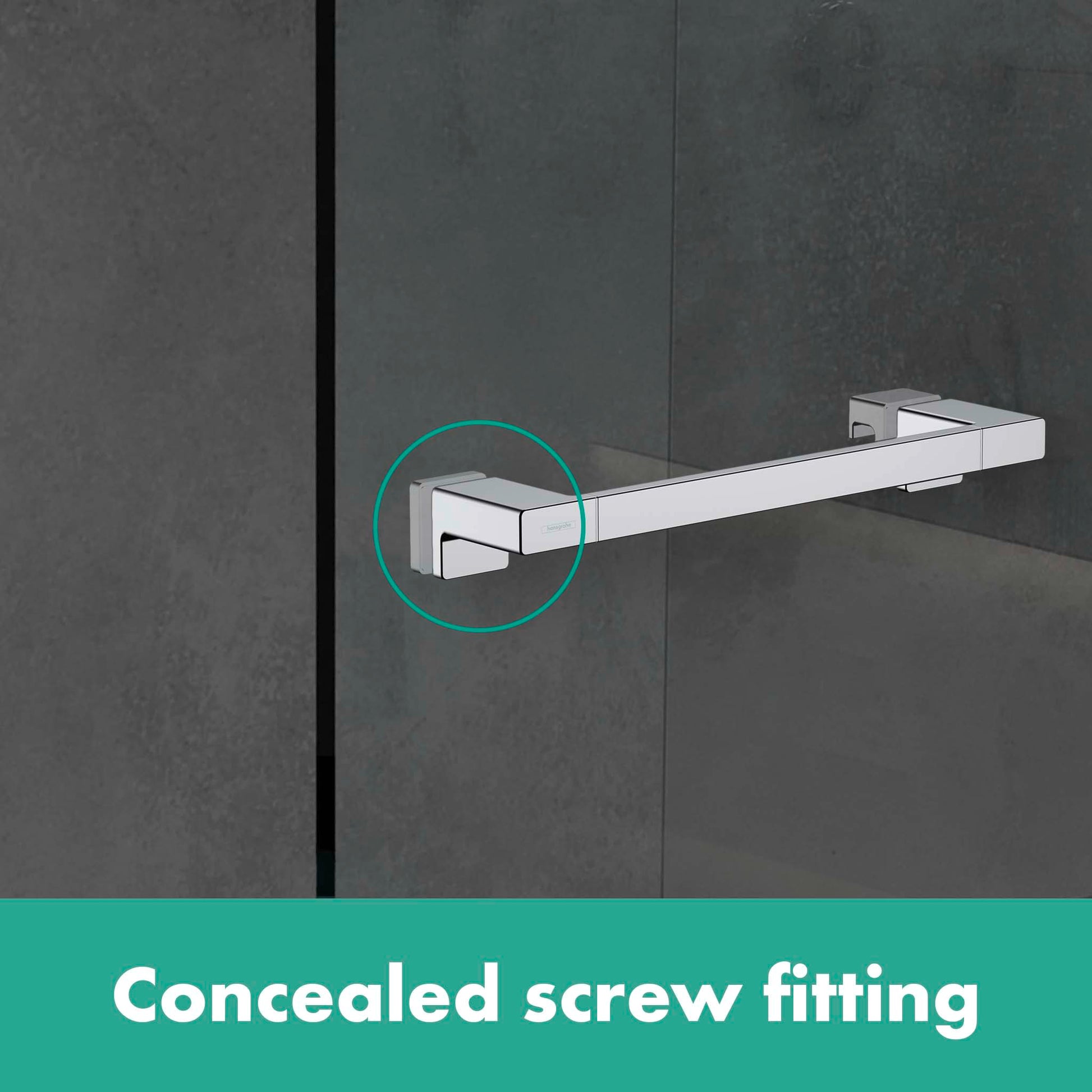 Brushed black chrome shower door handle with rectangular grip mounted on dark gray glass panel.