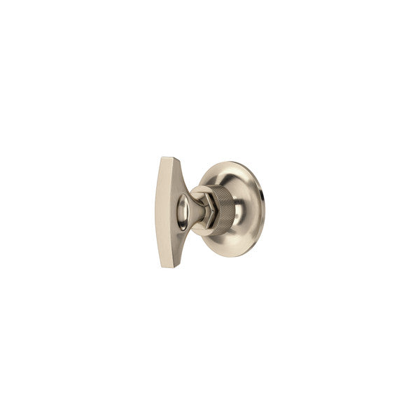 Satin nickel rectangular trim plate with circular mounting base and central control knob for volume and diverter functions.
