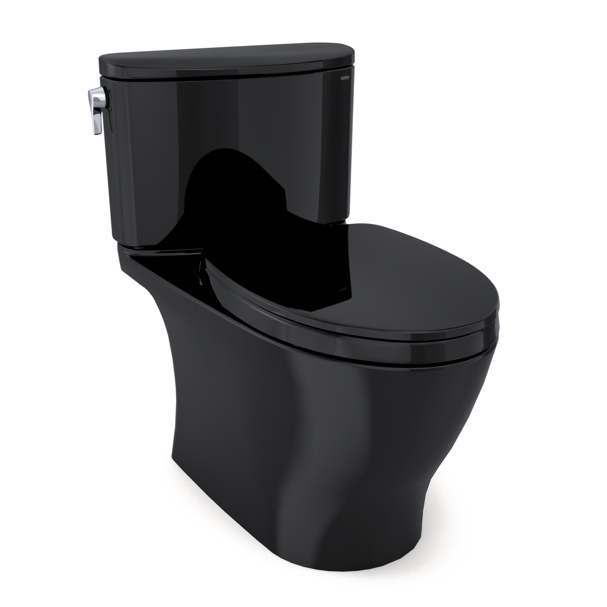 Ebony two-piece elongated toilet with soft-close seat and separate tank with water supply connection visible.