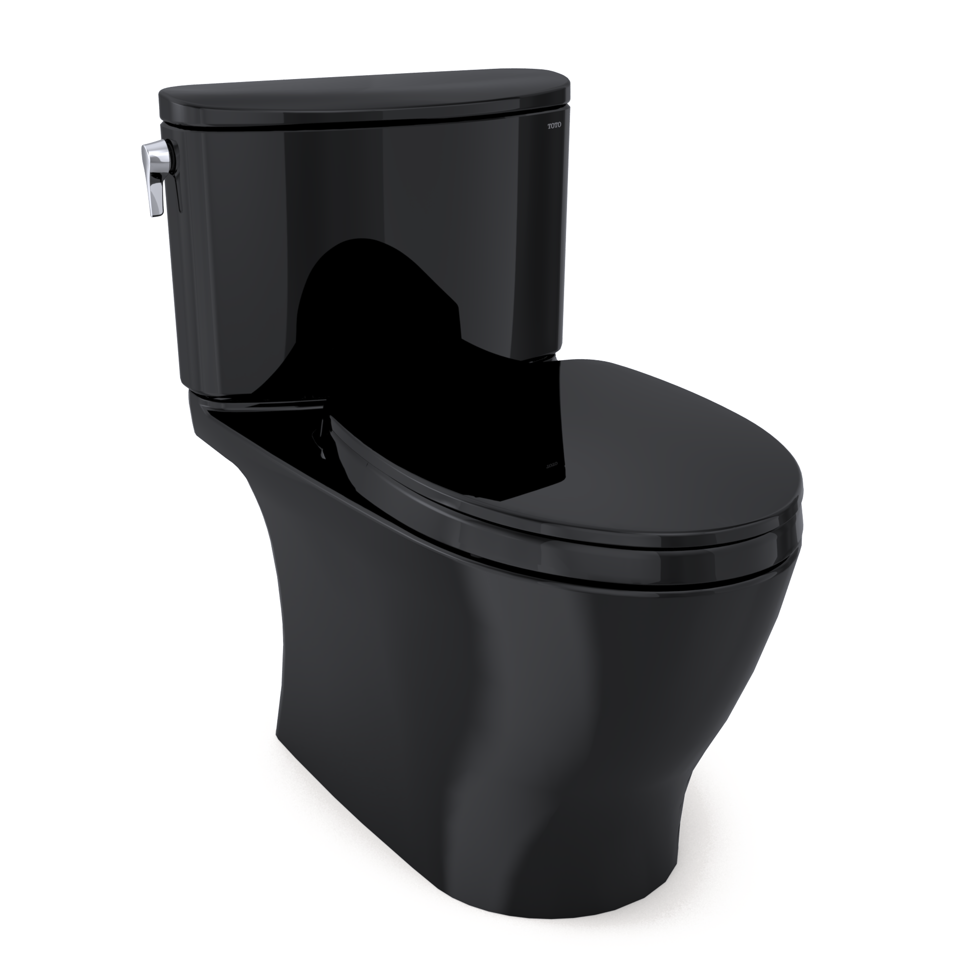 Ebony two-piece elongated toilet with soft-close seat and separate tank with water supply connection visible.