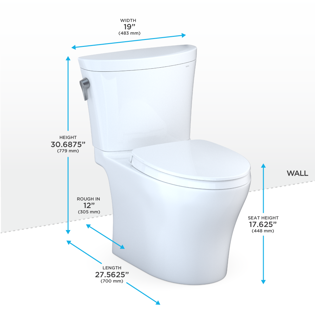 Cotton white two-piece elongated toilet with soft-close seat and dimension labels showing 19" width, 30.69" height, and 27.56