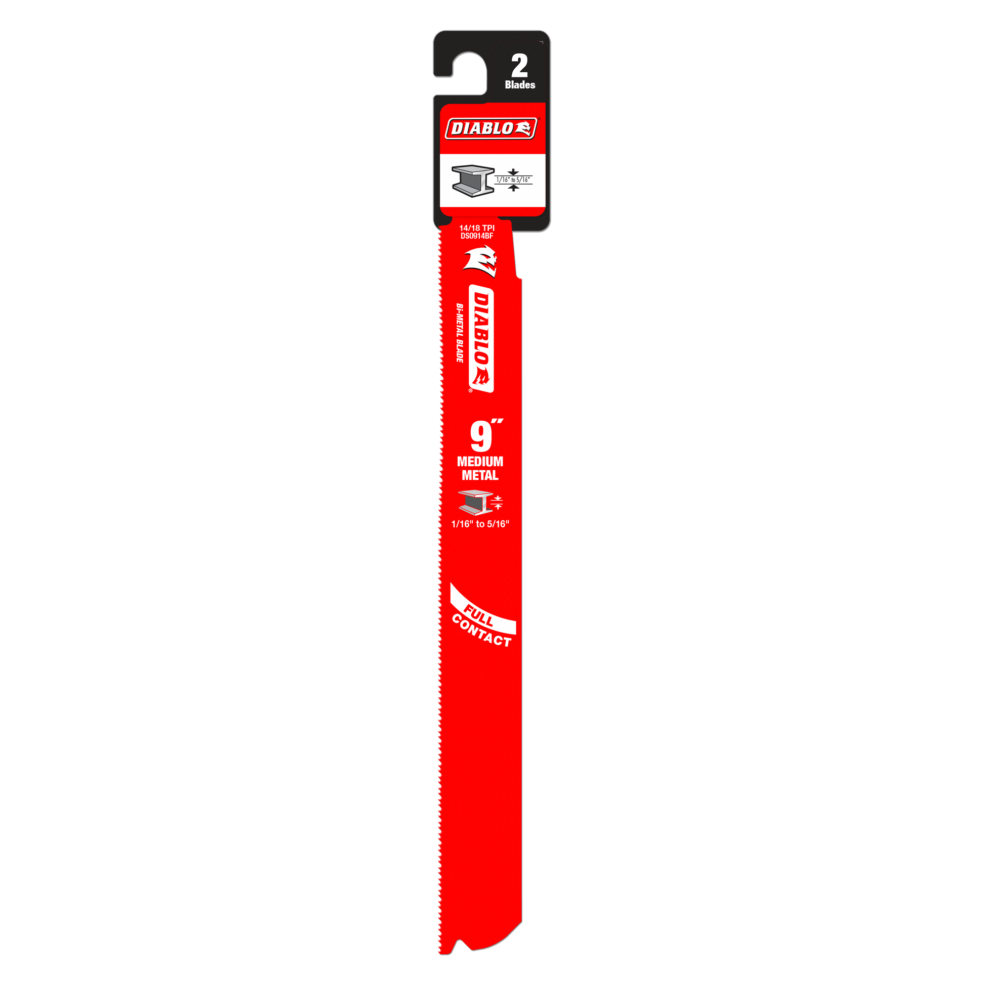 Two Diablo 9-inch bi-metal reciprocating saw blades with red packaging and serrated cutting edges for medium metal.