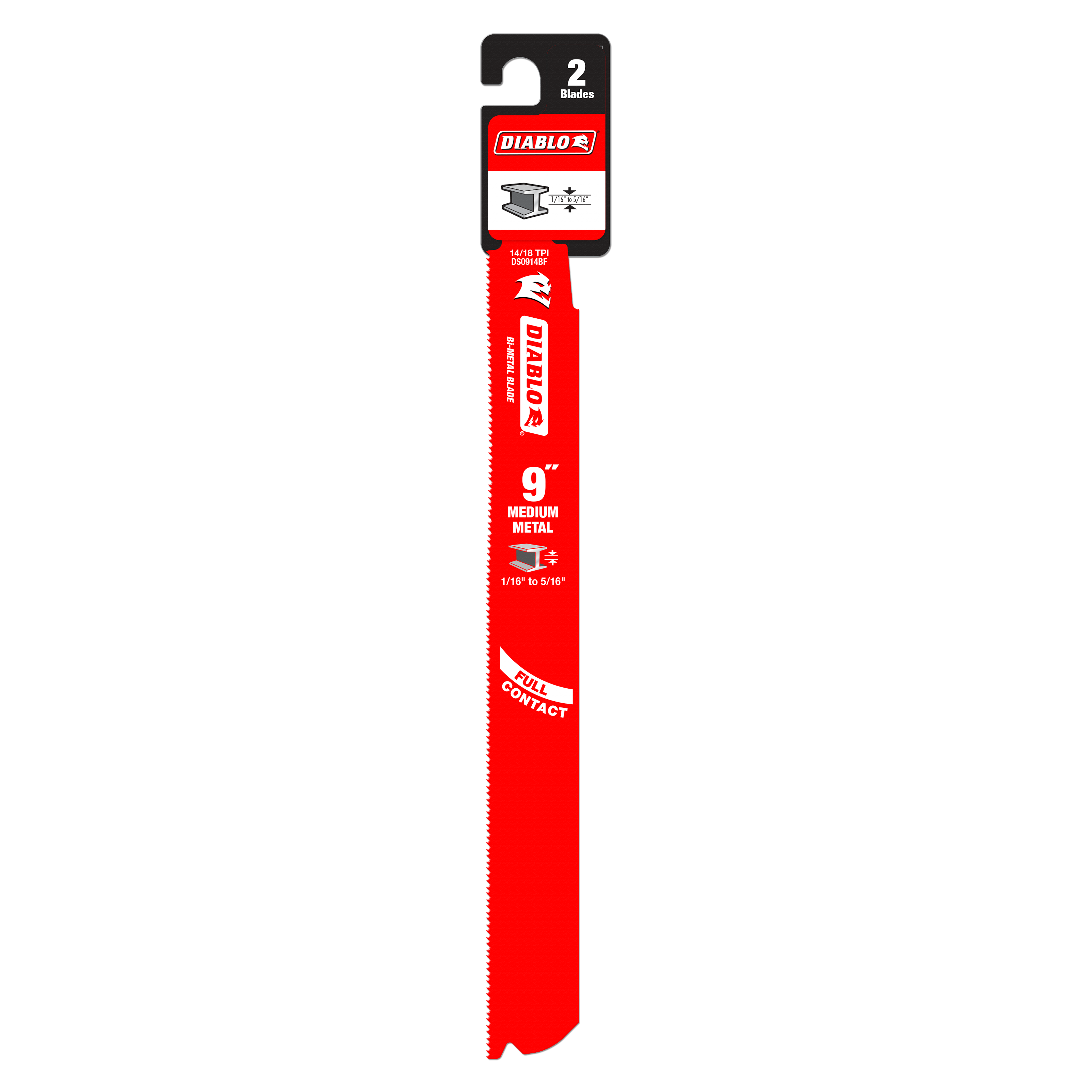 Two Diablo 9-inch bi-metal reciprocating saw blades with red packaging and serrated cutting edges for medium metal.