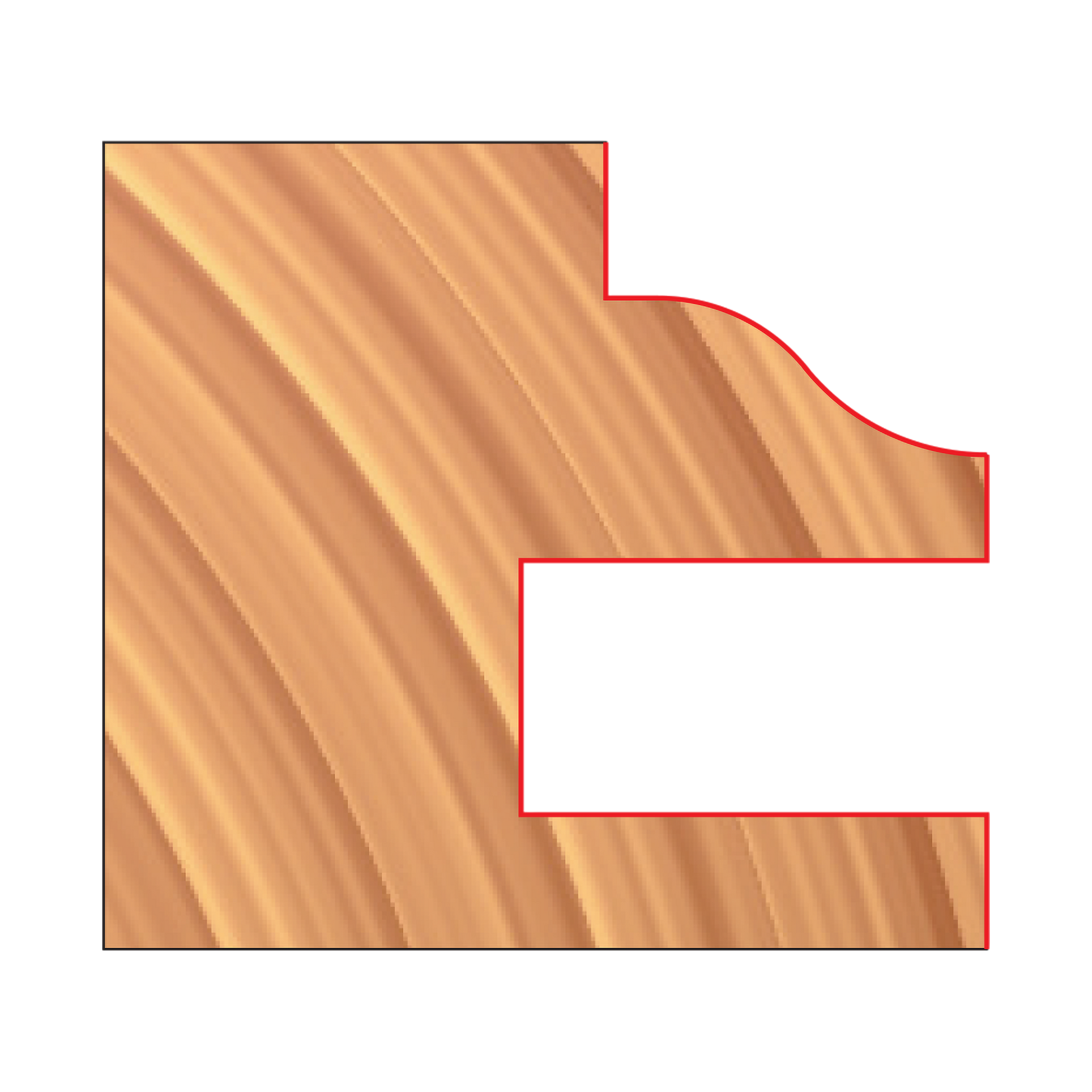 Freud EC261-IC drawer lock cutter with red outline showing stepped cutting profile on wood grain background.