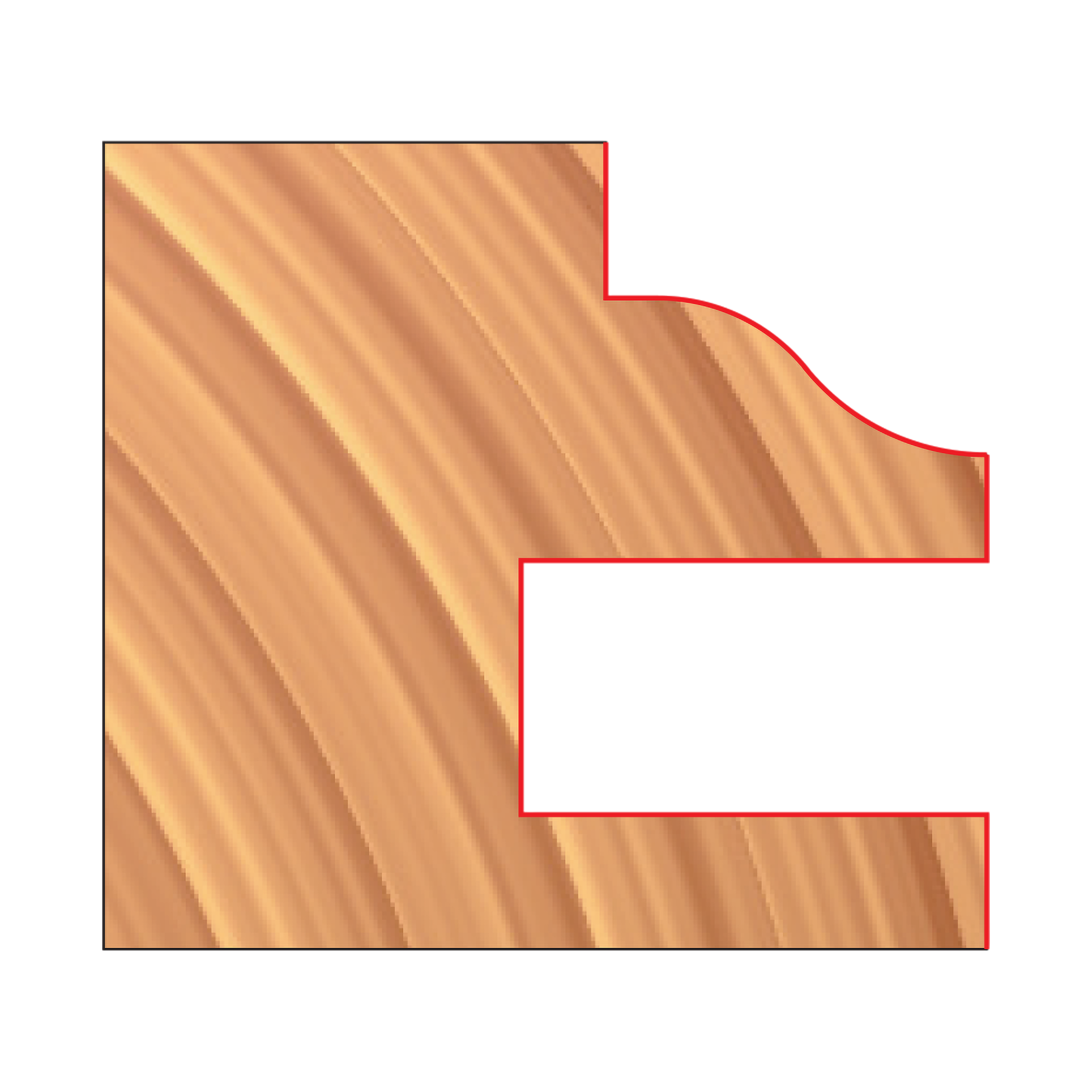 Freud EC261-IC drawer lock cutter with red outline showing stepped cutting profile on wood grain background.