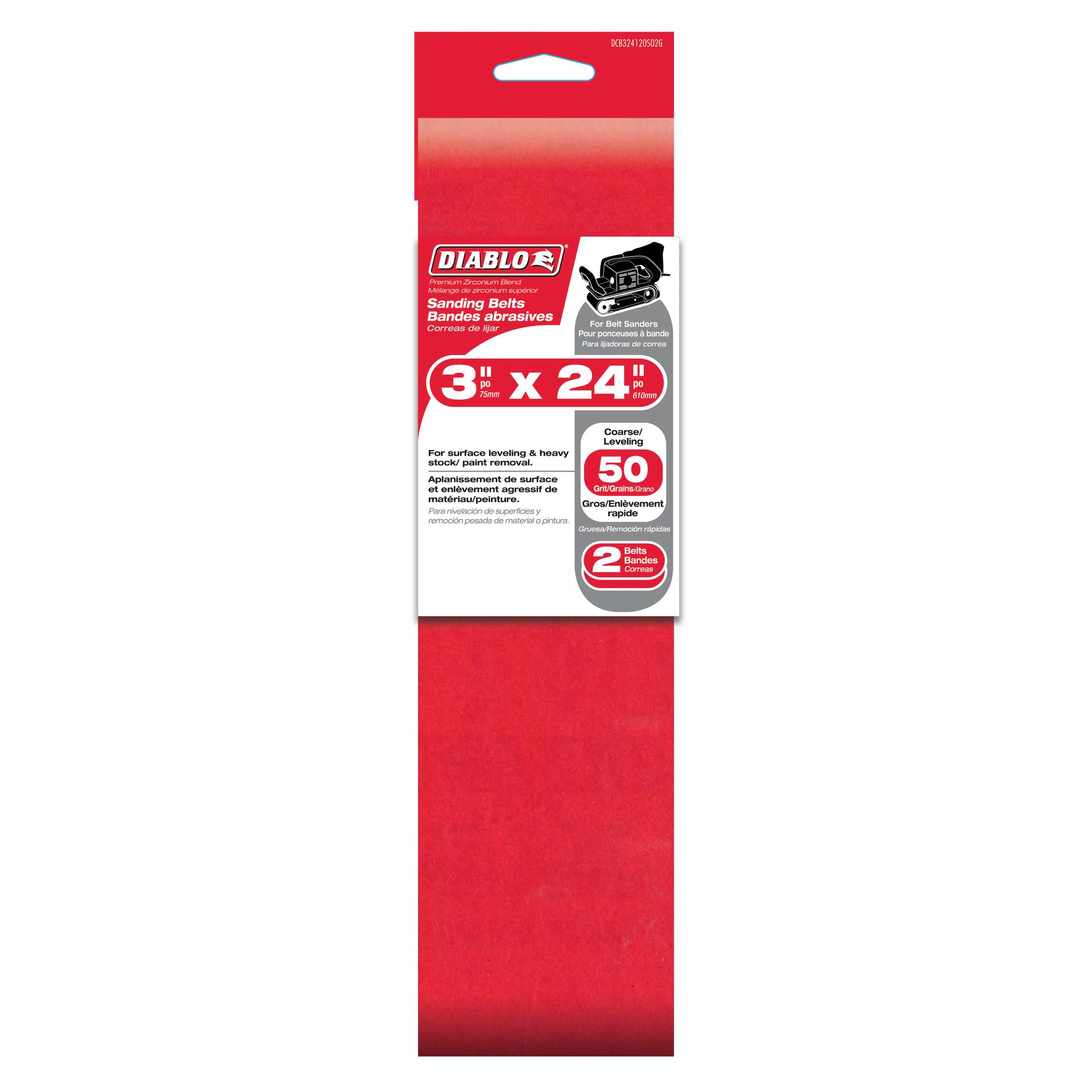 Two red Diablo sanding belts, 3 inches by 24 inches, 50 grit, in retail packaging.